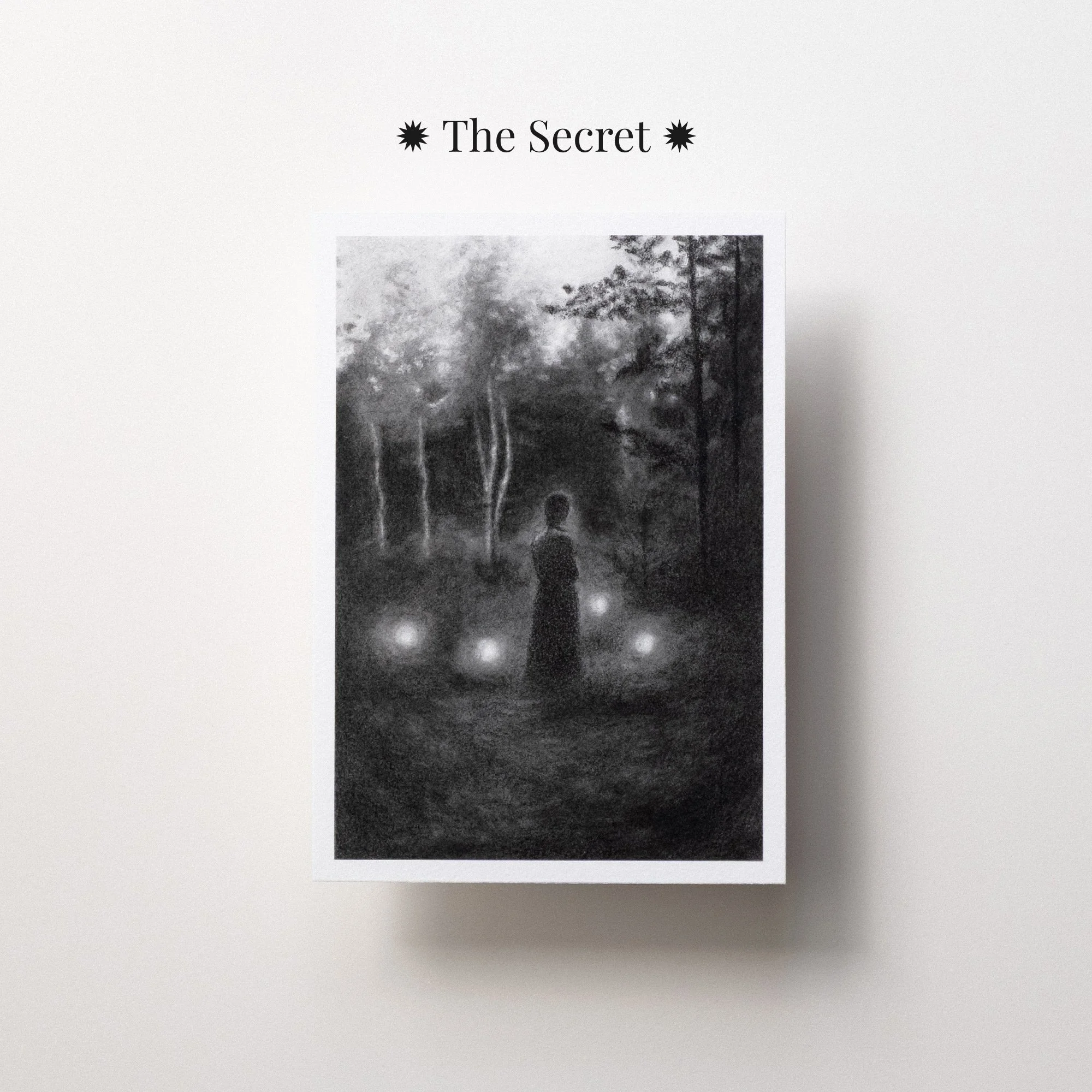 Moody postcard-sized drawing of a dense forest at dusk, where shadow, trees, and soft light create a quiet sense of mystery and magic.