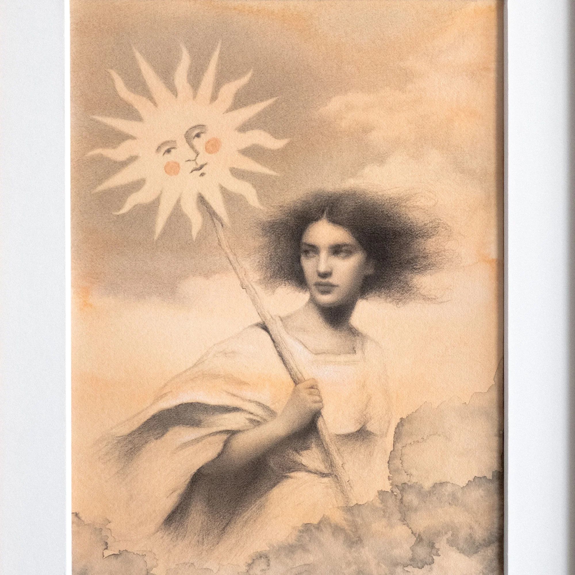 Close-up of "The Sun Bearer" by avidoma, highlighting the intricate graphite and ink textures. It reveals the delicate hand-drawn quality of this original mixed media piece