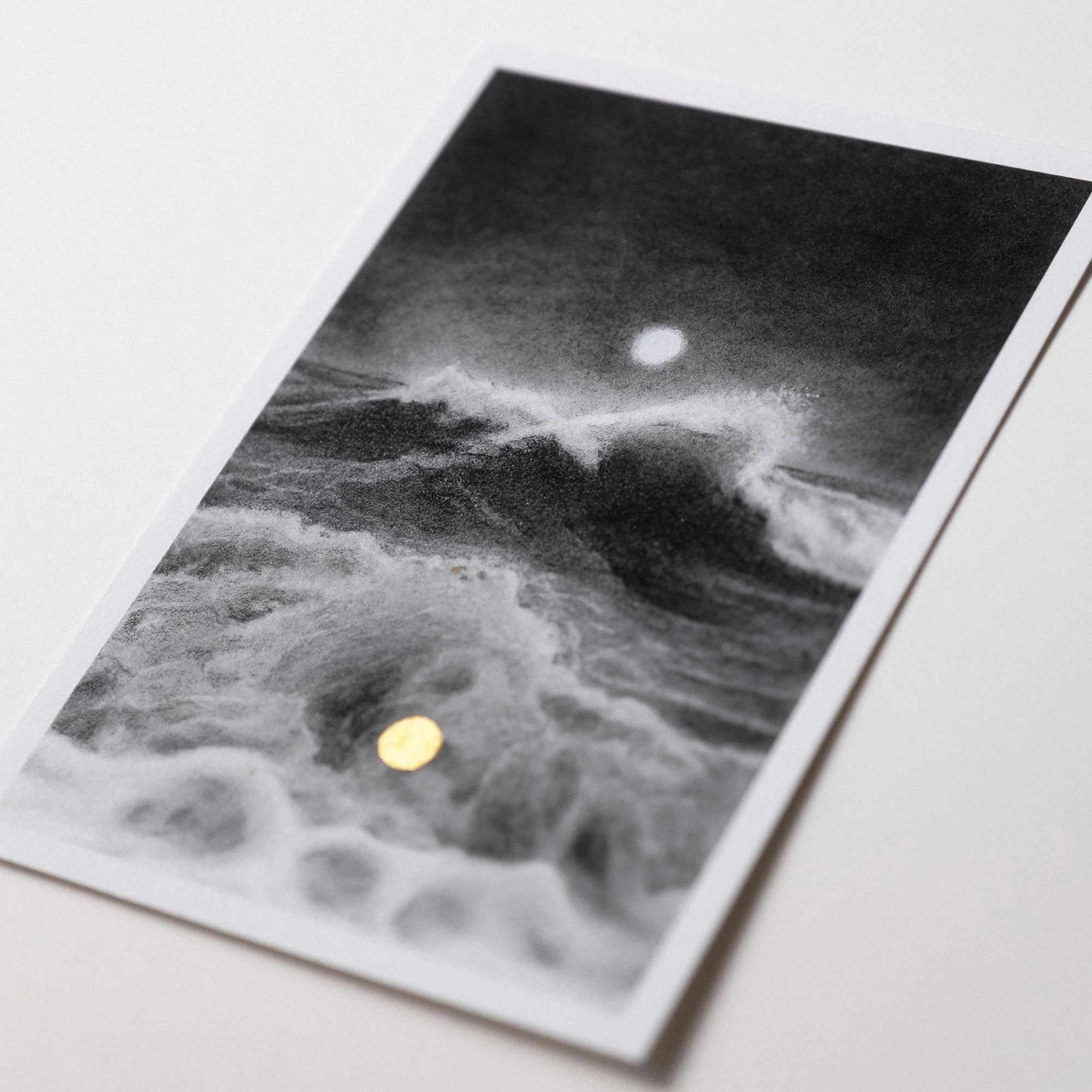 Ethereal seascape art print featuring a wave, moon, and small gold detail, evoking a quiet moment when time slows and the world feels magical.