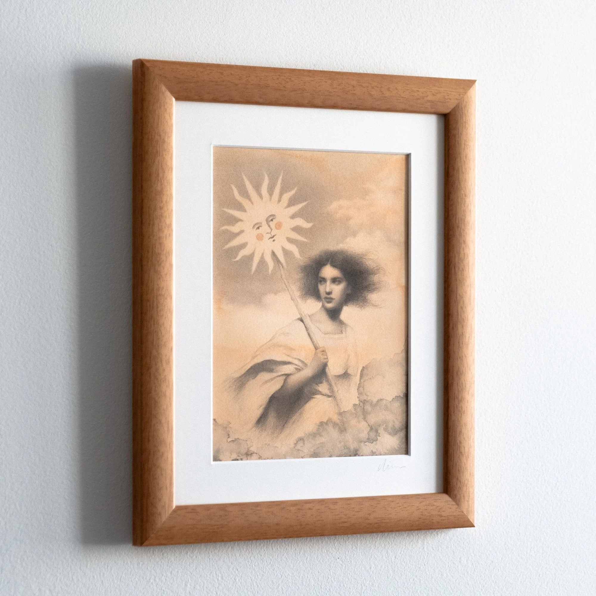 Original framed drawing in graphite, ink, and watercolor "The Sun Bearer" by avidoma, inspired by Beltane symbolism