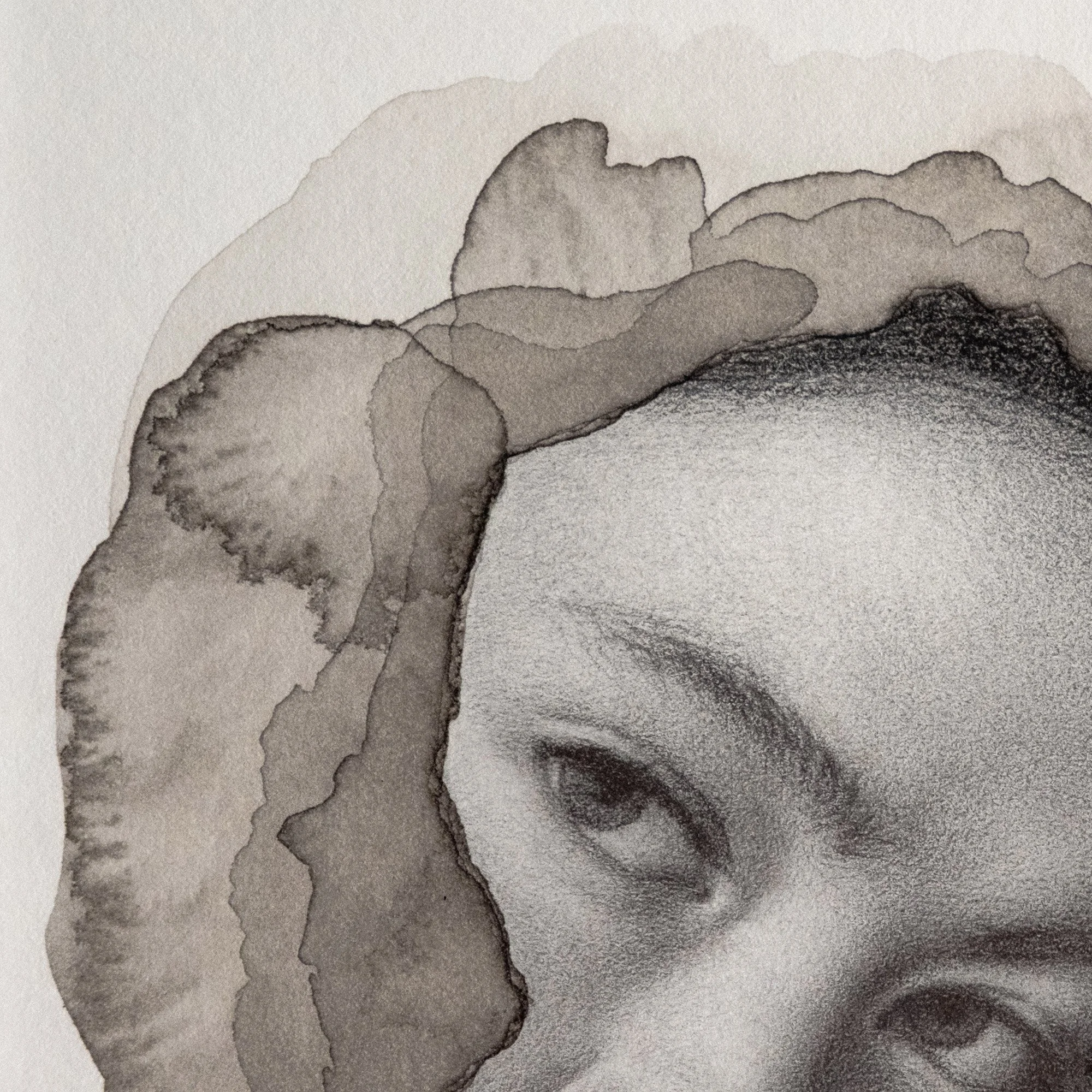 close up of a portrait of a woman, surrounded by abstract textures, on paper