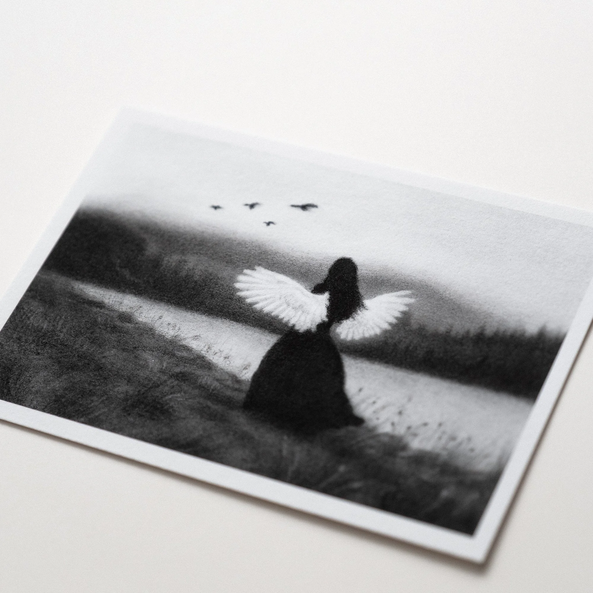Postcard-sized fine art print from Postcards from Imaginary Places, featuring a moody symbolic drawing about longing, becoming, and the space between who we are and who we may become.