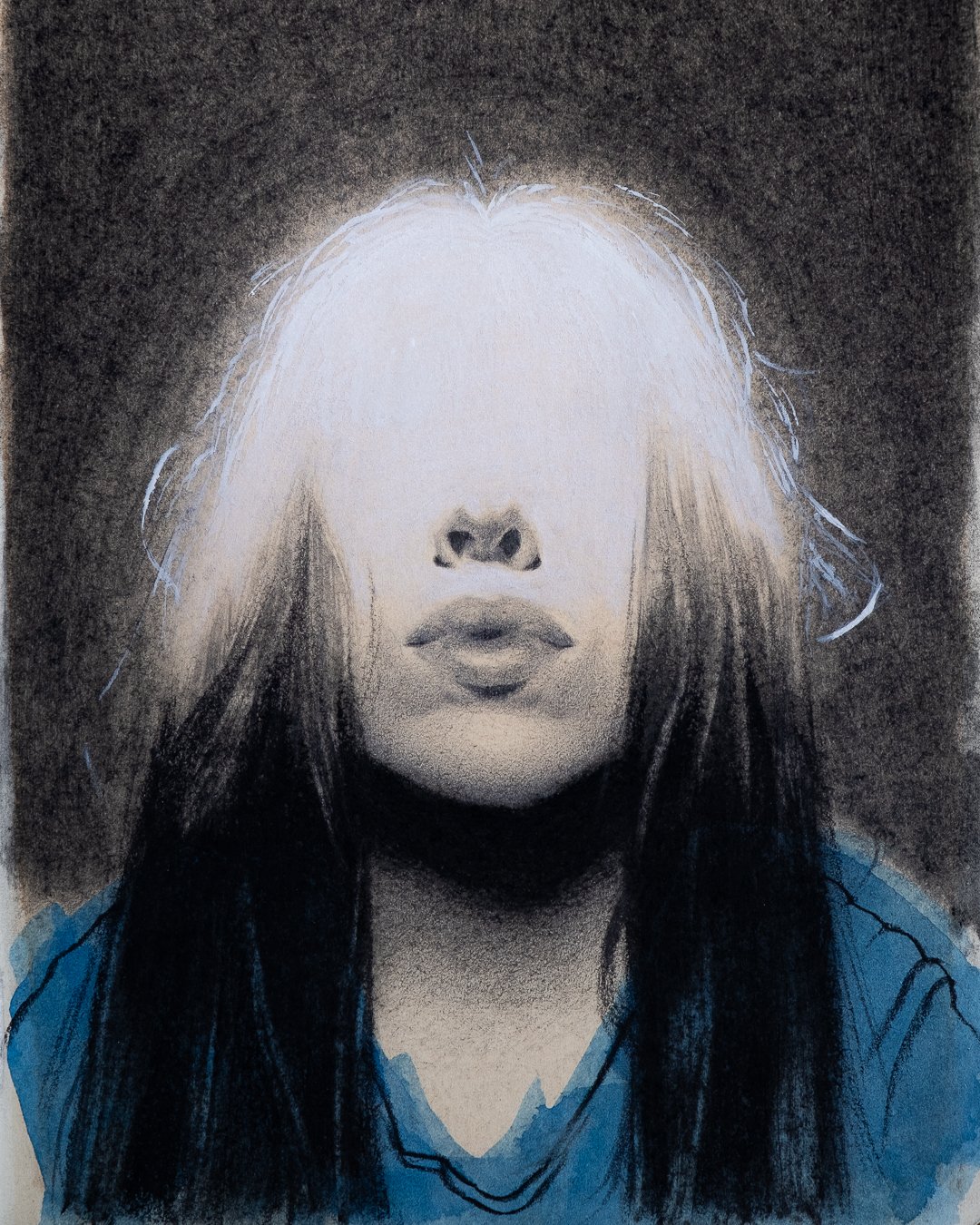 An artistic drawing of a woman with long hair, her face is not visible as it is obscured by bright light, with only her nose and lips visible. She is wearing a blue shirt.