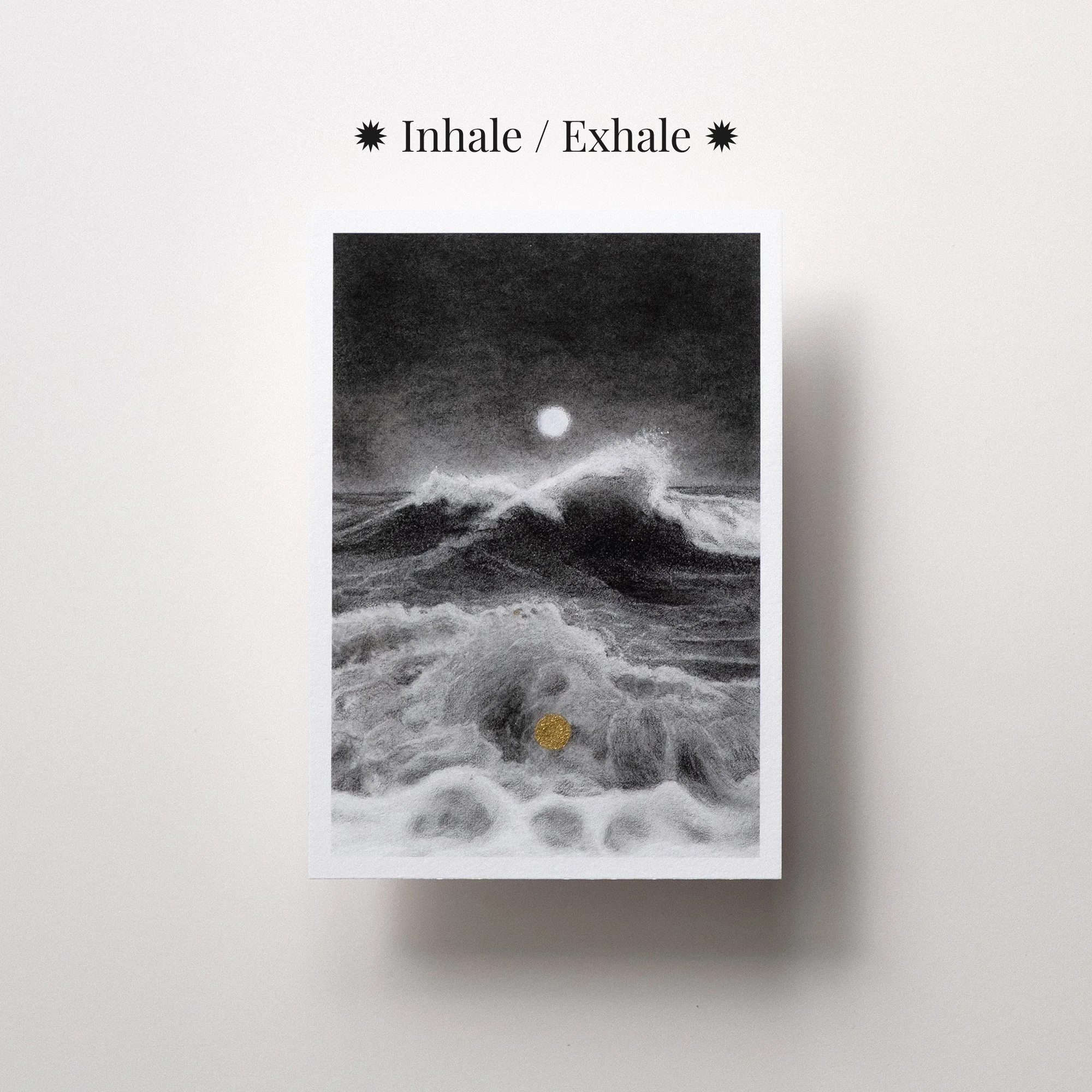 Ethereal seascape art print featuring a wave, moon, and small gold detail, evoking a quiet moment when time slows and the world feels magical.