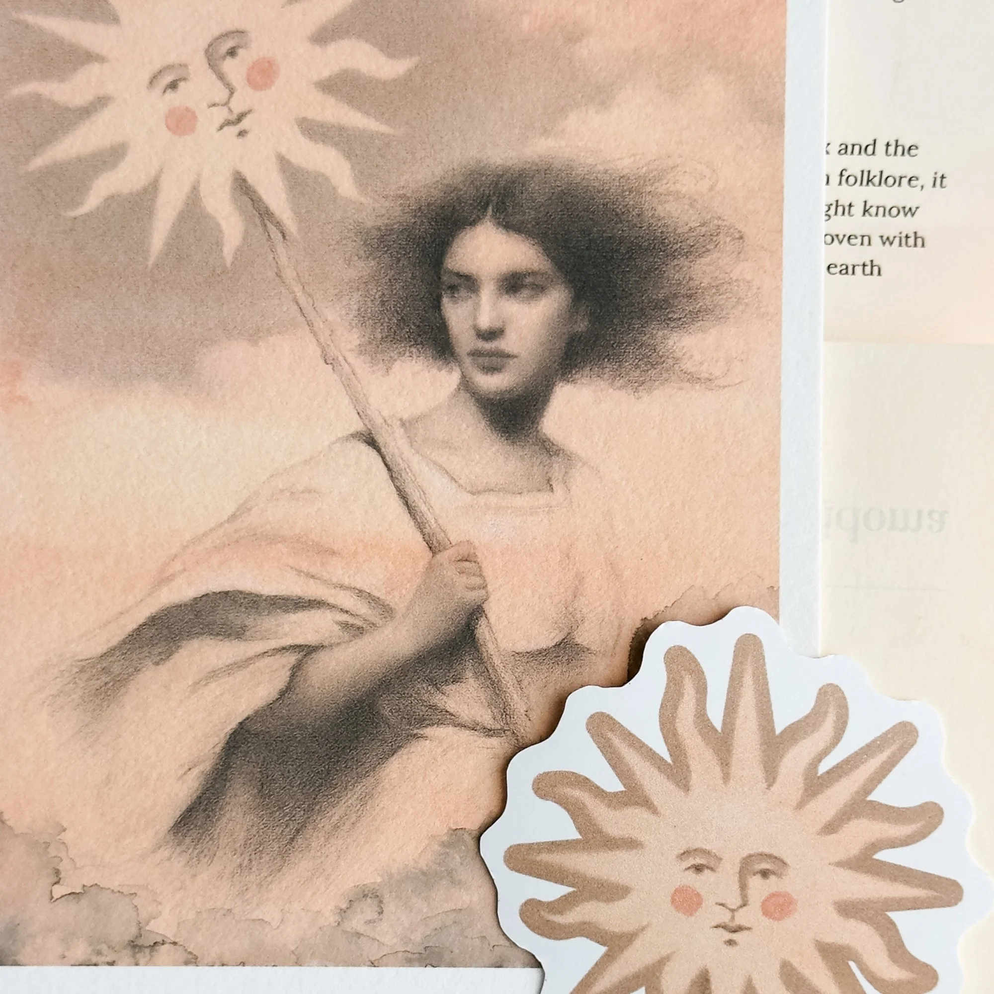 Close up of a surreal art print of a woman, holding the sun in the clouds, with a matching alchemy style sun sticker