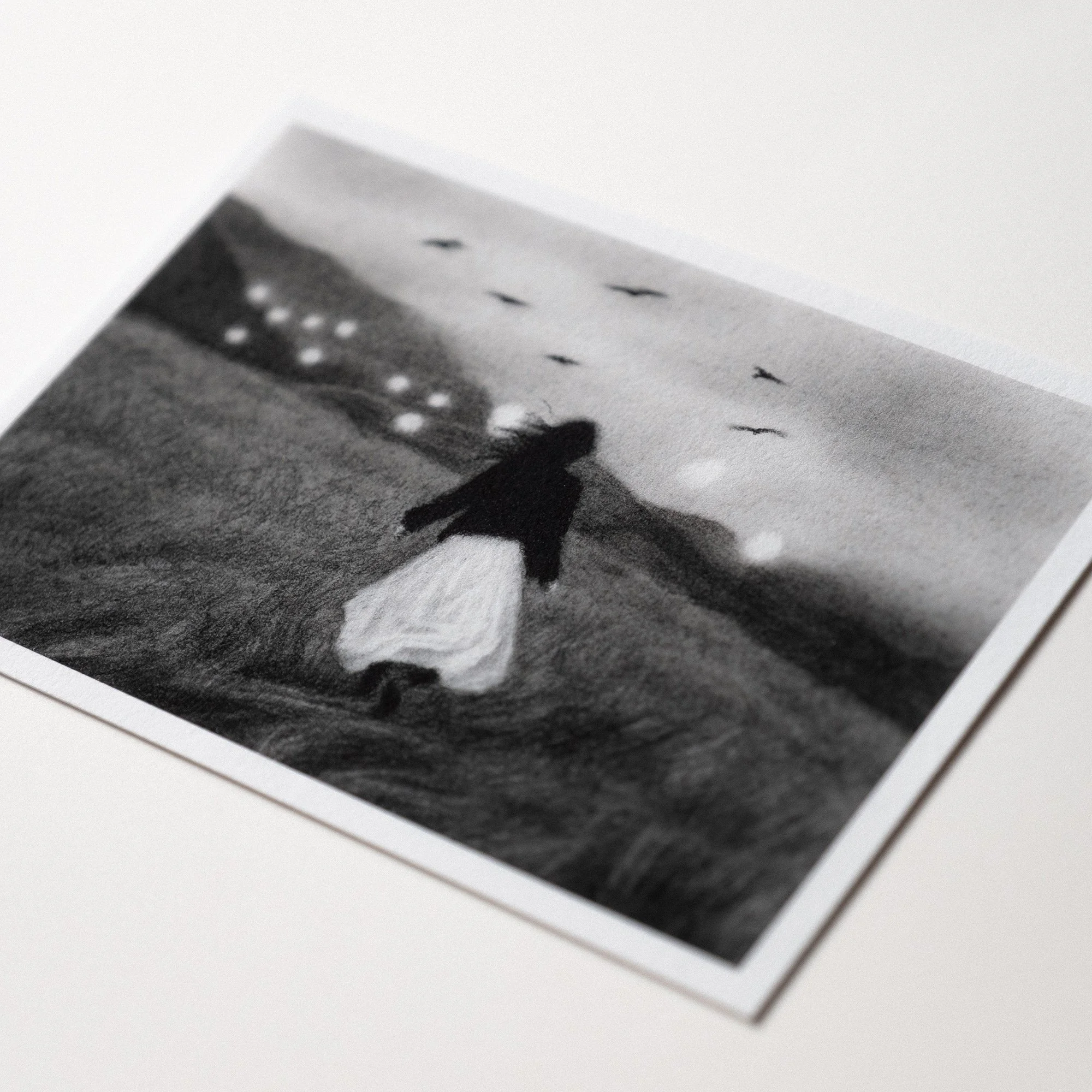 Postcard-sized fine art print from Postcards from Imaginary Places, featuring a poetic drawing about home, reflection, mystery, trust, and the path back to oneself.