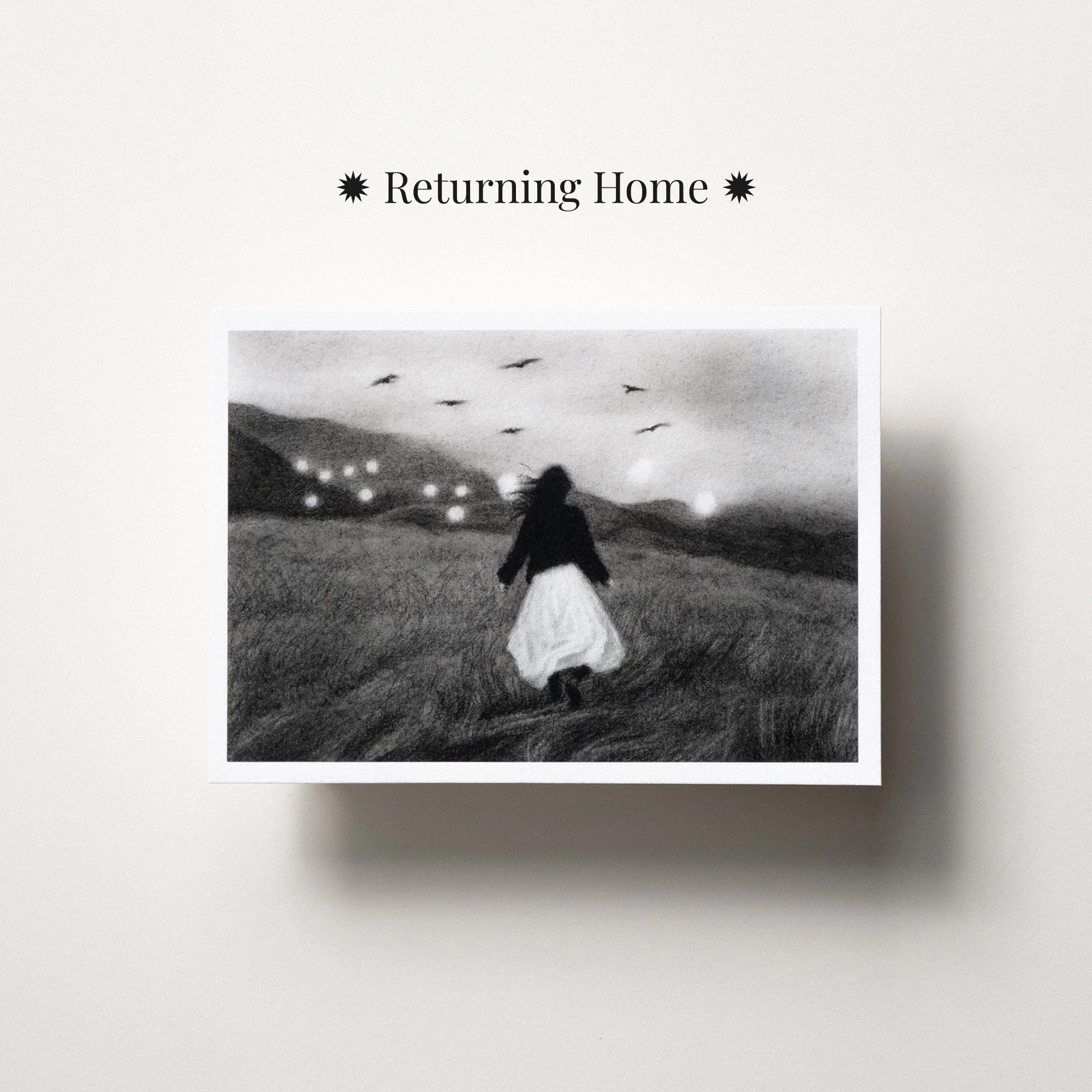 Postcard-sized fine art print from Postcards from Imaginary Places, featuring a poetic drawing about home, reflection, mystery, trust, and the path back to oneself.