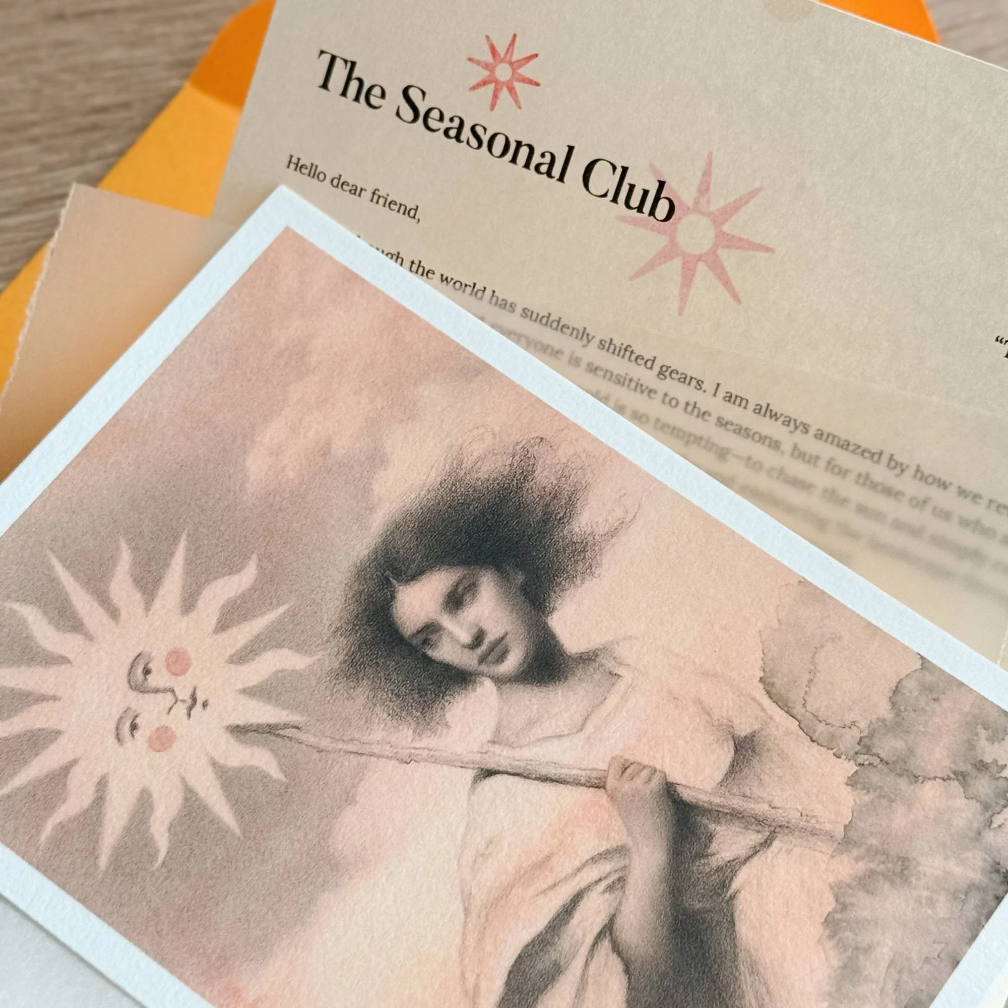 Close up of an art print of a woman, holding the sun in the clouds, an ethereal image