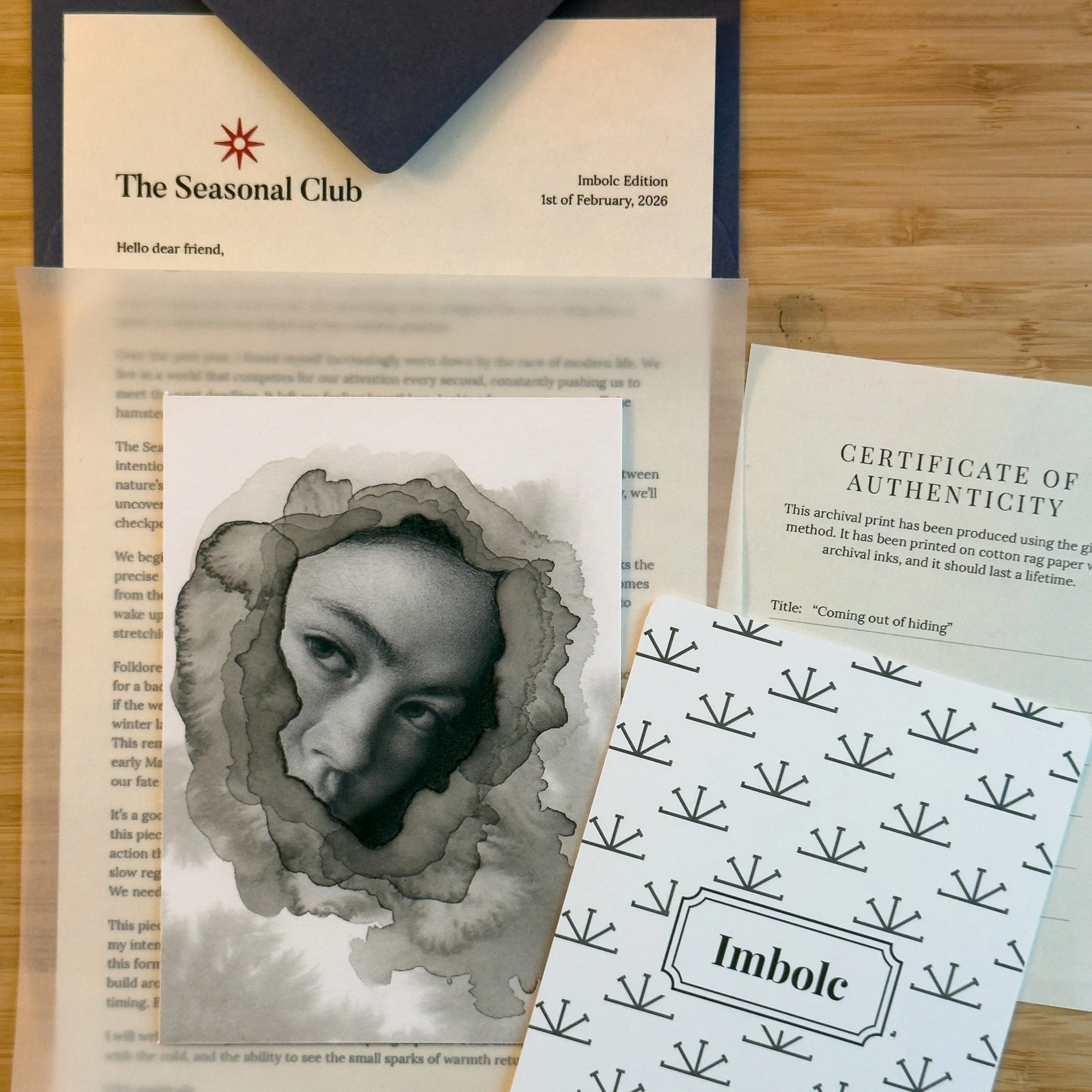 art snail mail package with a giclee art print of a portrait, letter for Imbolc, certificate of authenticity and journaling card