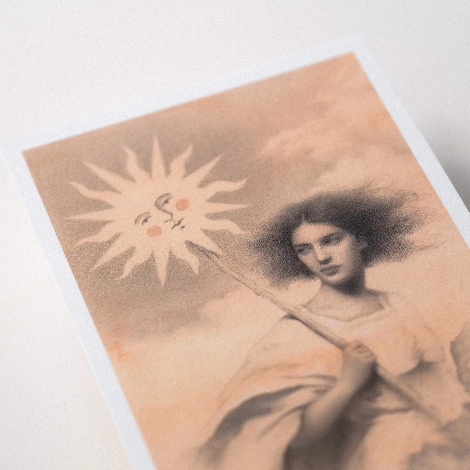 Symbolic sun art print of a feminine figure holding the sun, representing feminine energy, vitality, warmth, sacred union, and the connection between earth and sky.