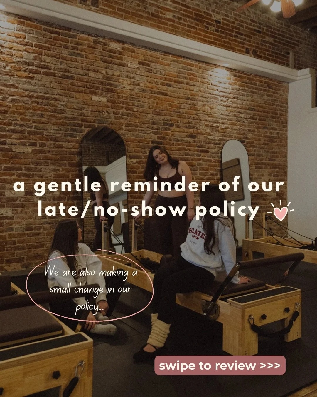 A little Pilates Room update ✨

Starting June 1st, our cancellation window will change to 8 hours! Swipe to read details! ➡️⏱️

We know life happens. Work runs over. Kids get sick. Traffic is chaos. Sometimes the sofa wins. We understand. 🤍 

But wh