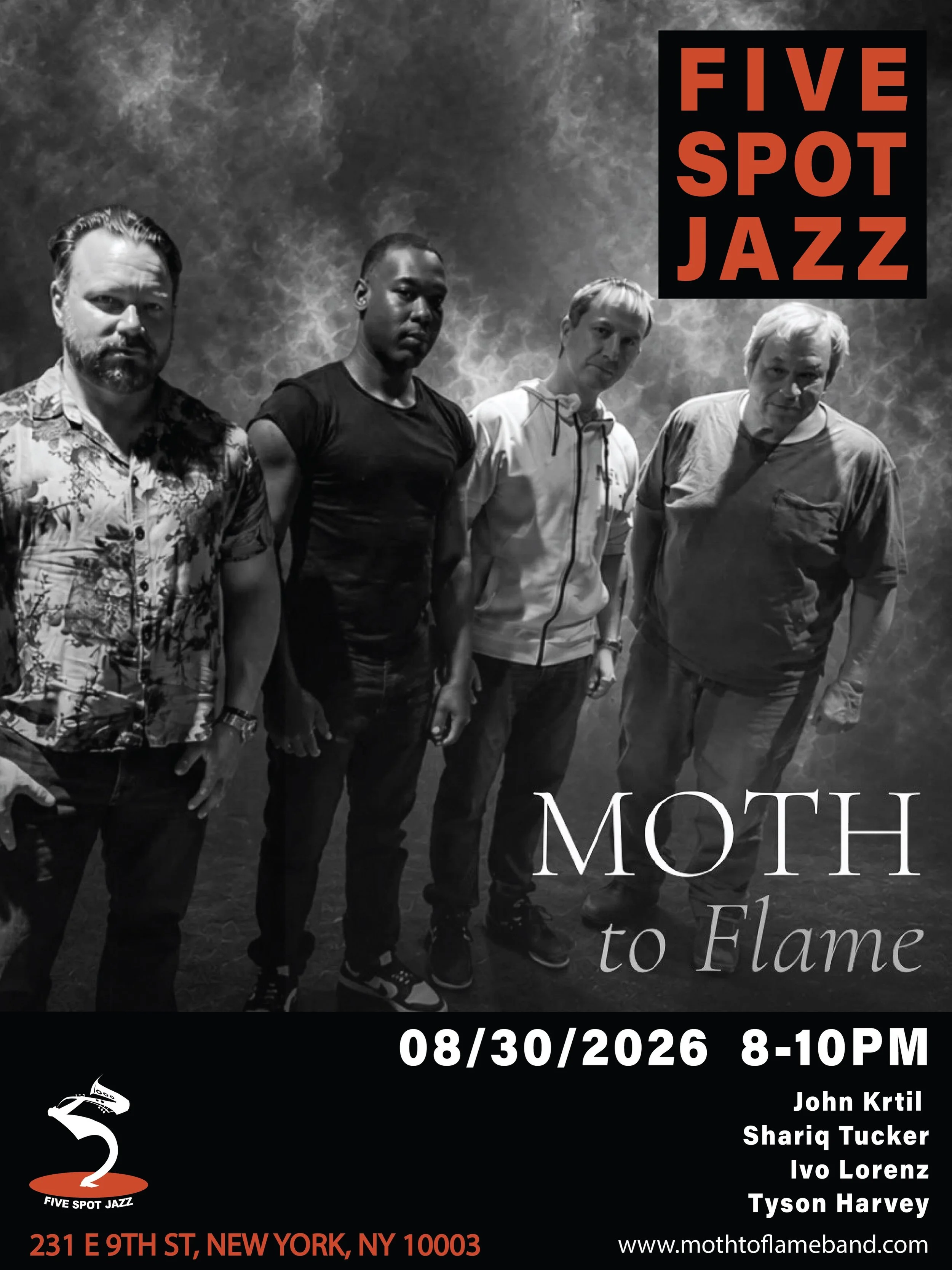 🎶 AUG 30 (SUN.)
[MOTH TO FLAME] @moth_to_flame_band 

🎼 Moth to Flame is a genre-defying group blending rock, Latin, funk, progressive styles, and jazz fusion. Performing throughout the Tri-State area since 2009, their eclectic sound draws inspirat