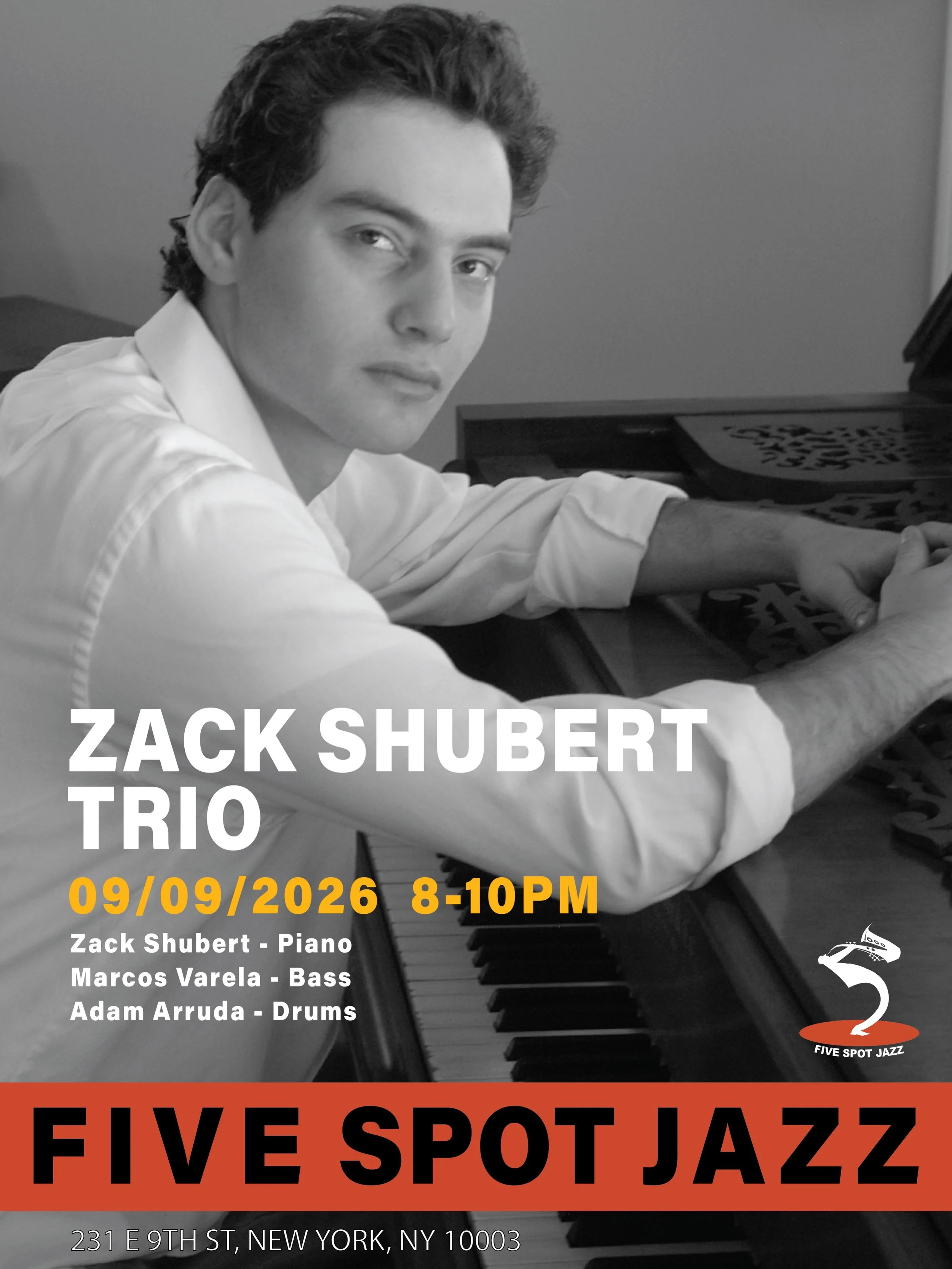 🎷 SEP 09 (WED.)
[ZACK SHUBERT TRIO] @zackshubert 

🎶 NYC-based jazz pianist and composer Zack Shubert brings a unique voice shaped by his deep love for both jazz and classical music. A 10-time DownBeat award winner and 2-time YoungArts winner, Zack