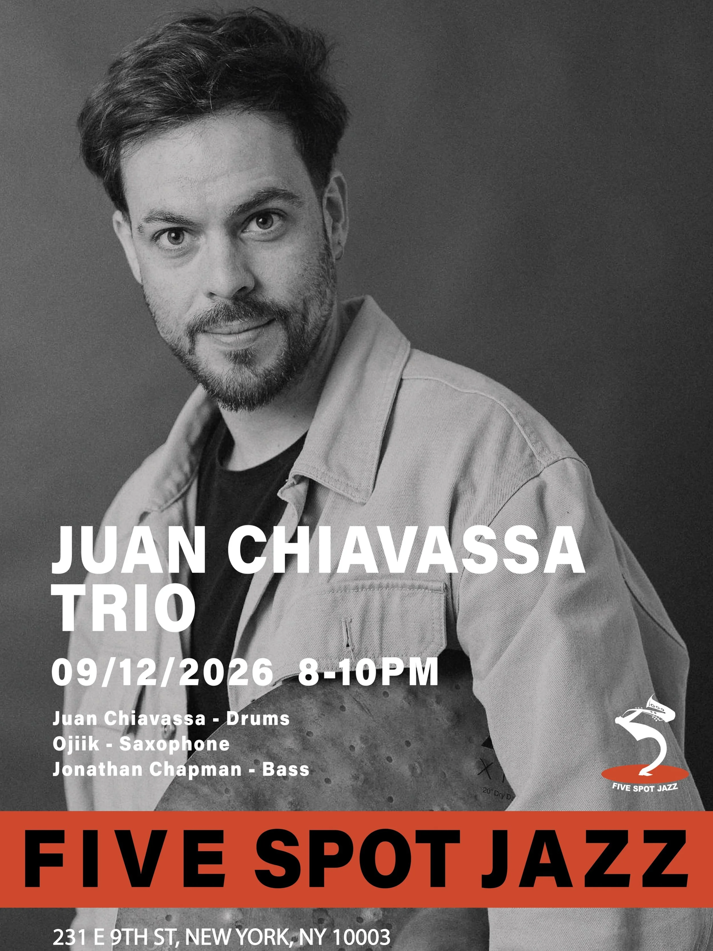 🎷 SEP 12 (SAT.)
[JUAN CHIAVASSA TRIO] @juanchiavassa 

🎶 Brooklyn-based drummer, composer, producer, and session musician Juan Chiavassa brings a versatile and dynamic approach to jazz. A Berklee College of Music graduate and recipient of the prest