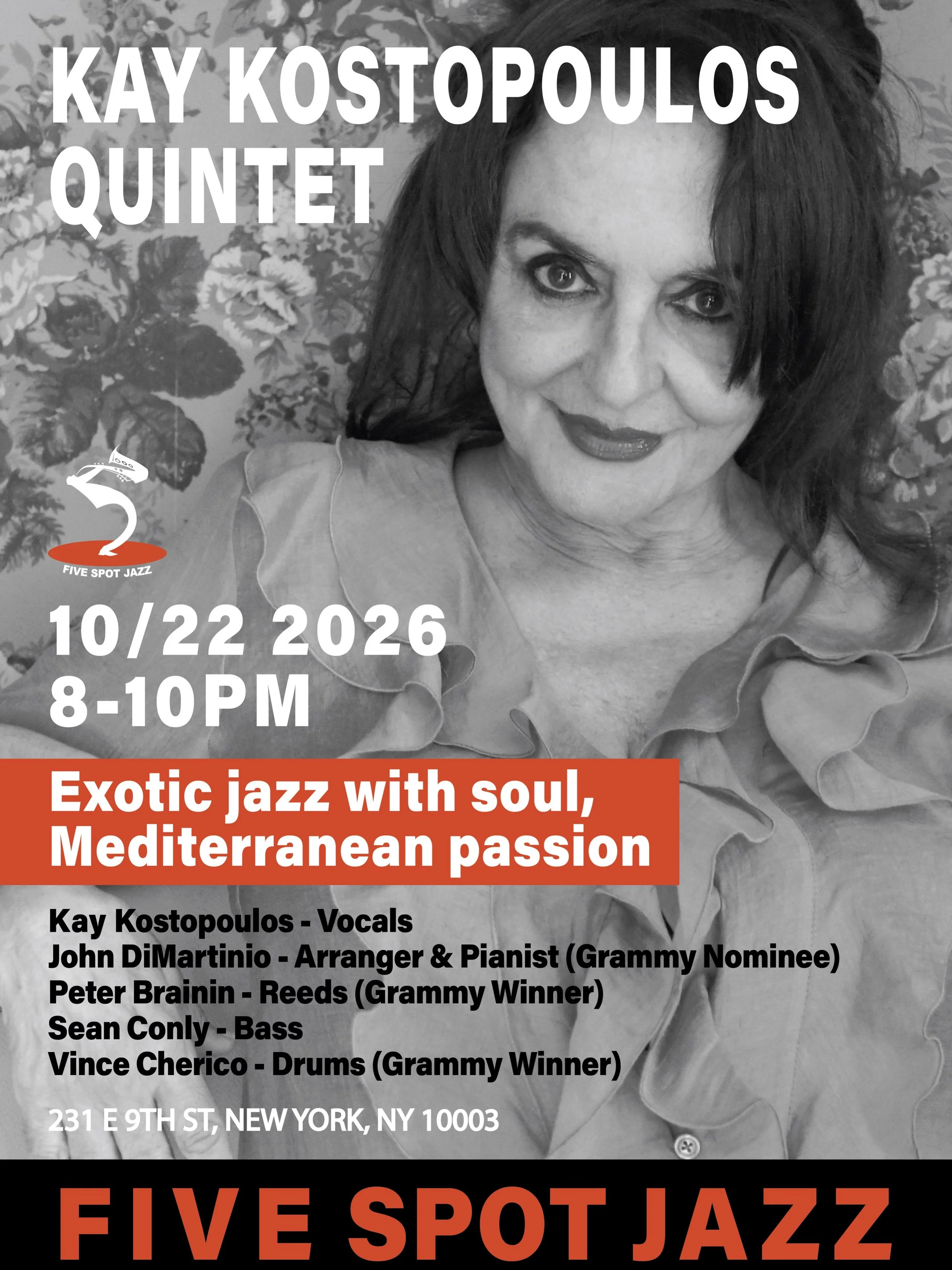 🎶 OCT 22 (THUR.) [KAY KOSTOPOULOS QUINTET] 🎤 Exotic jazz with soul, Mediterranean passion. @blackolivejazz 

✨ Jazz vocalist Kay Kostopoulos blends swing, blues, Latin rhythms, and original compositions with Mediterranean soul and theatrical flair.