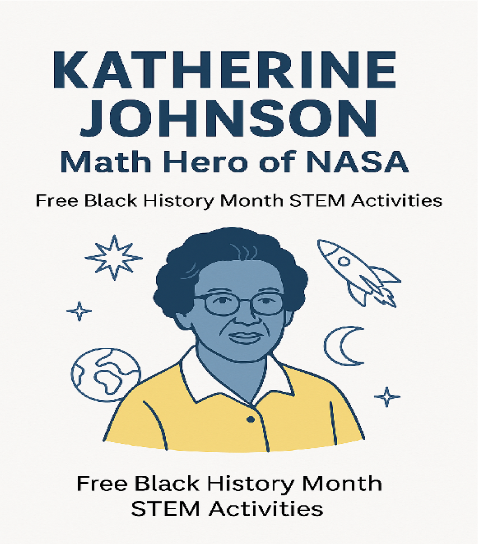 Illustration of Katherine Johnson, labeled as Math Hero of NASA, promoting free Black History Month STEM activities.