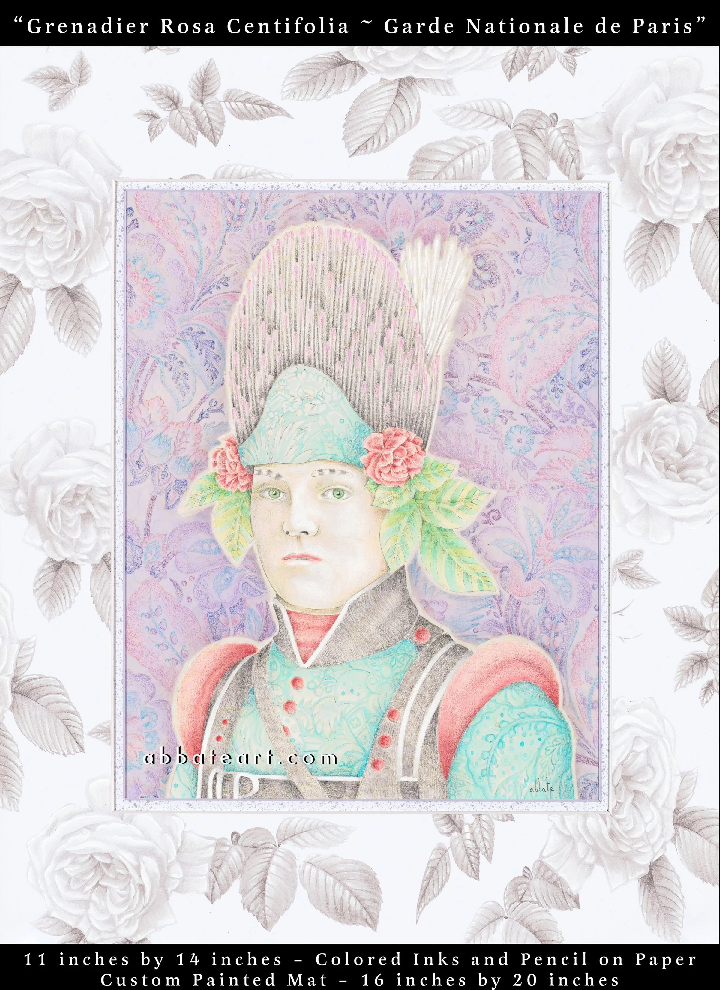 Grenadier Rosa Centifolia ~ Garde Nationale de Paris - Colored inks and pencil on paper