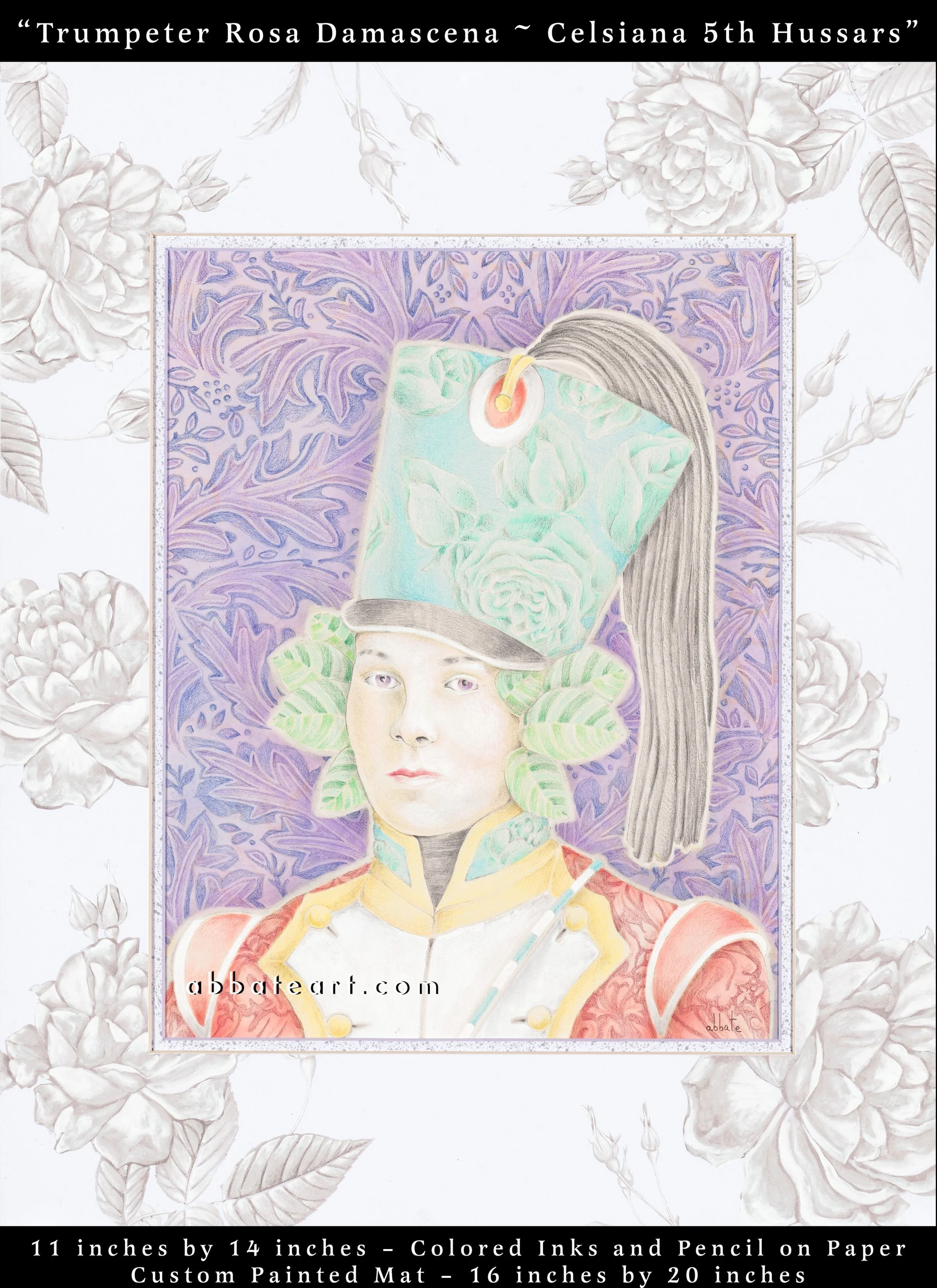 Trumpeter Rosa Damascena ~ Celsiana 5th Hussars - Colored inks and pencil on paper
