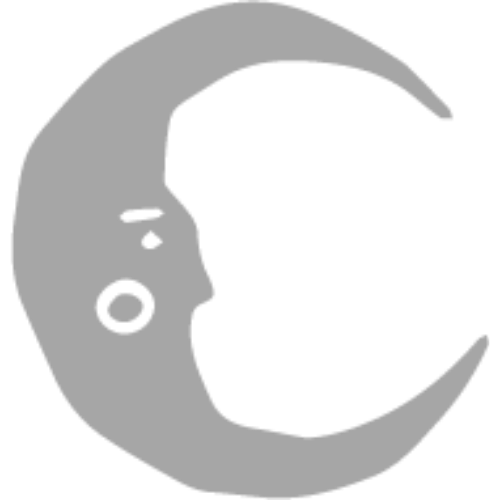 A stylized illustration of a human face integrated into a crescent moon shape, with simple facial features.