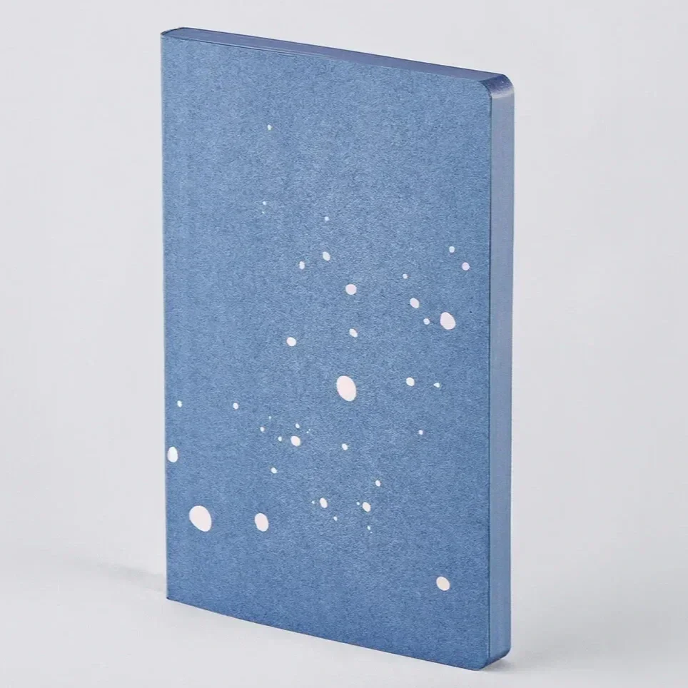 A blue rectangular box with white splatter patterns on its front surface, standing upright against a white background.