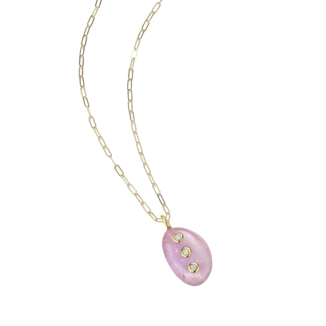 Gold chain necklace with a pink oval pendant decorated with three small diamonds.