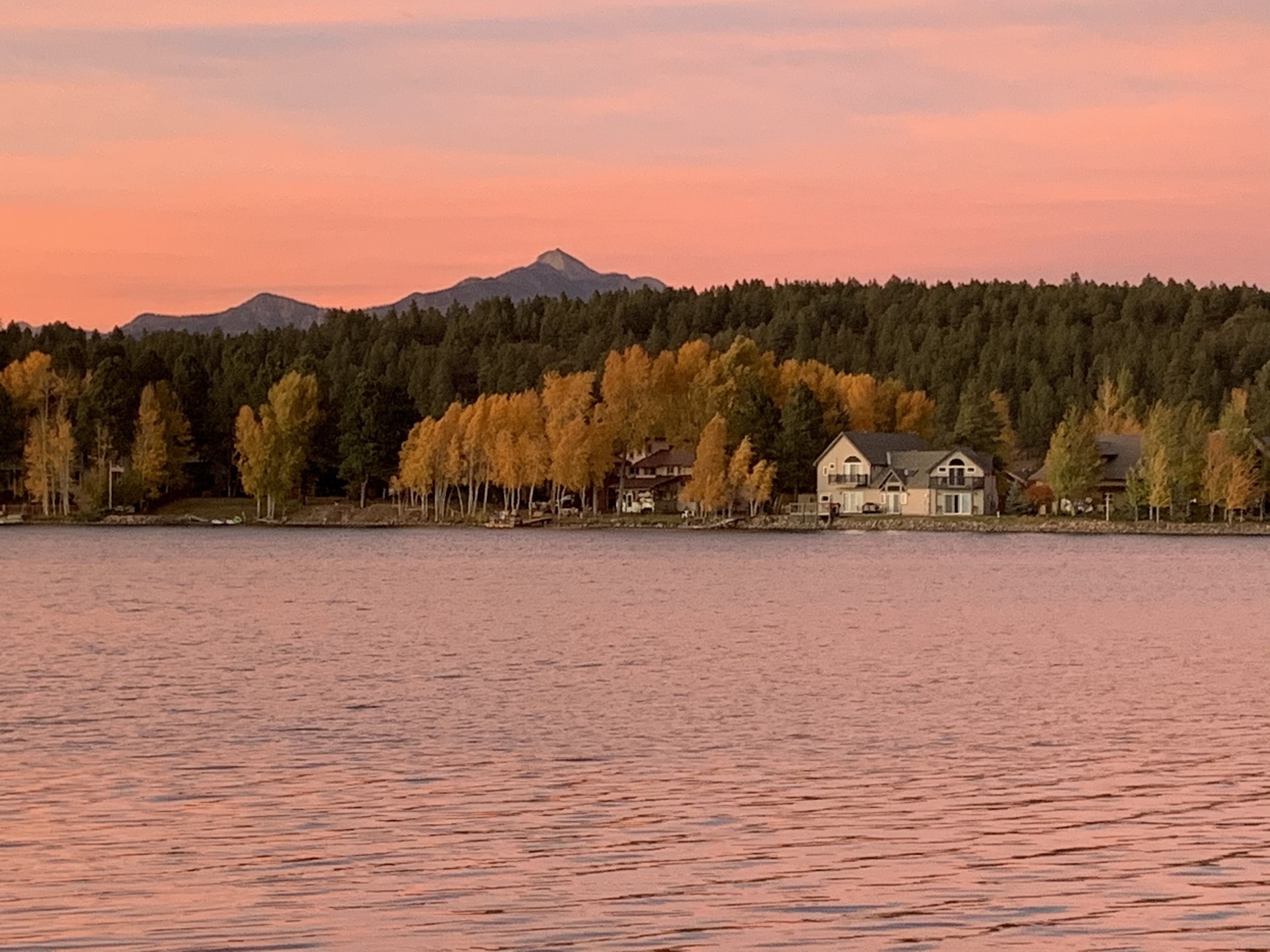 One of our local lakes at sunset with Pagosa Peak in the background.