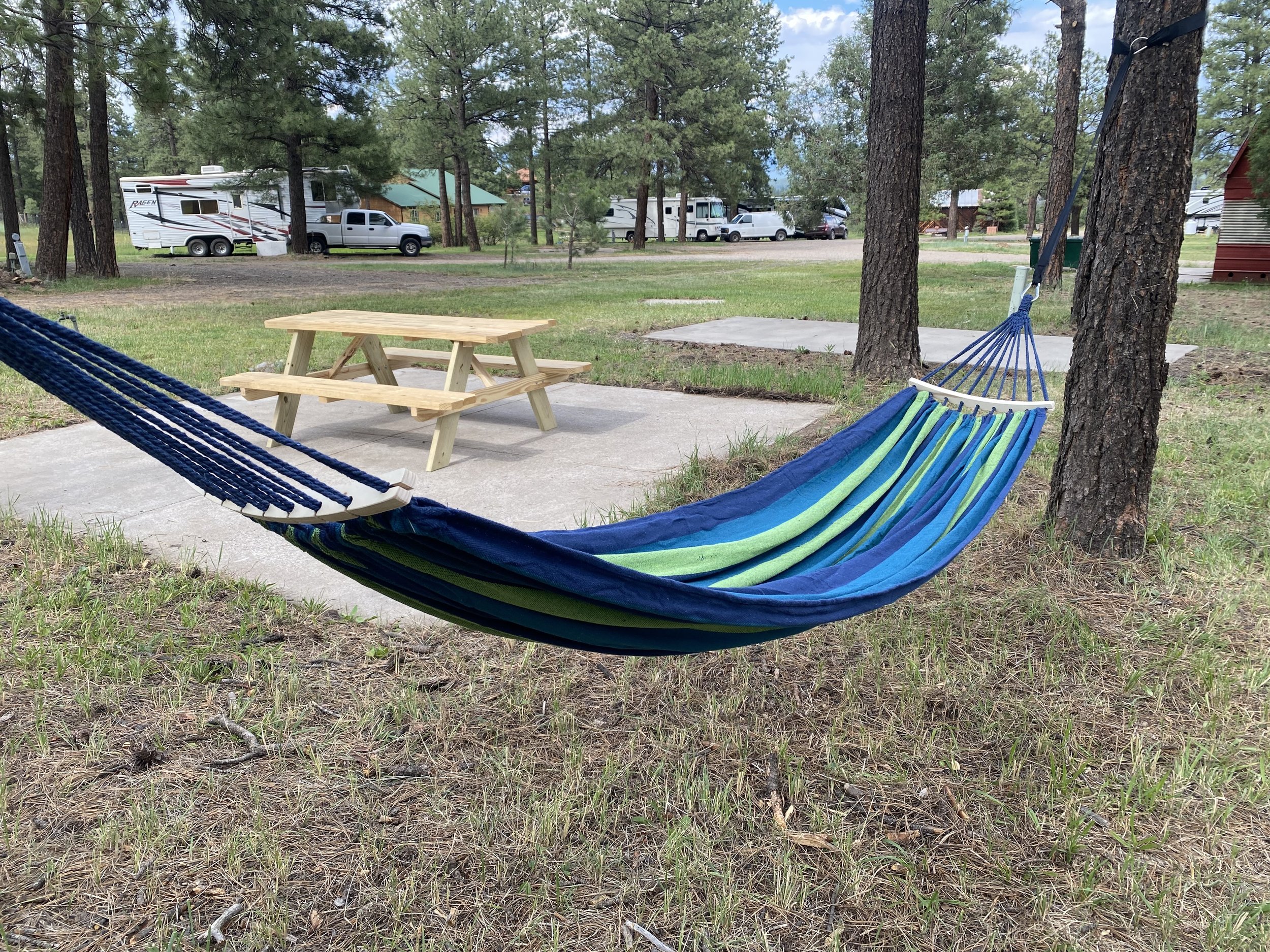 Hammock and picnic table at Basecamp Pagosa.