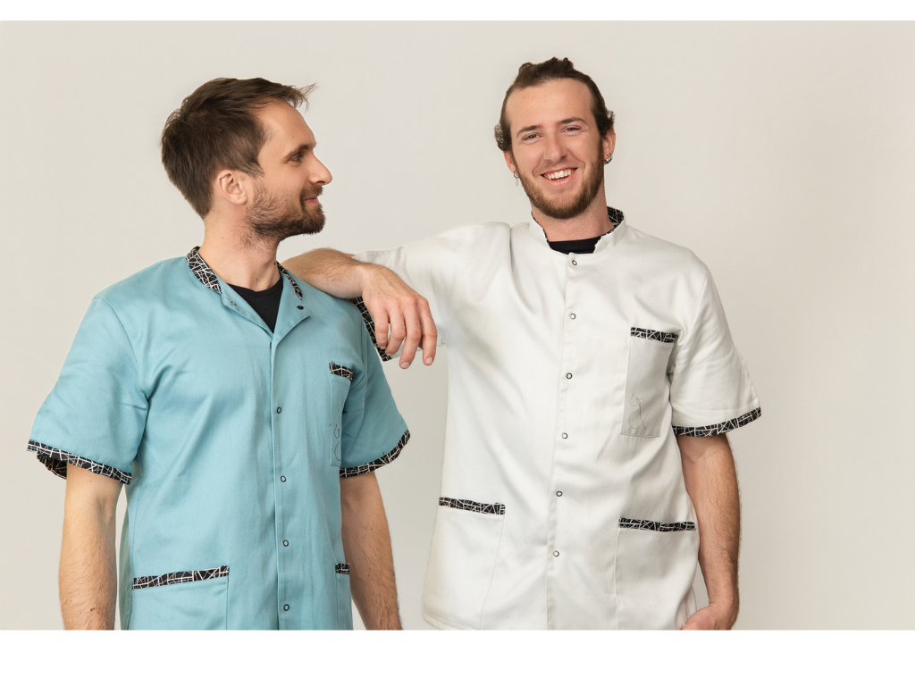 Blouse medical paramedical bleu et blanche blousetco