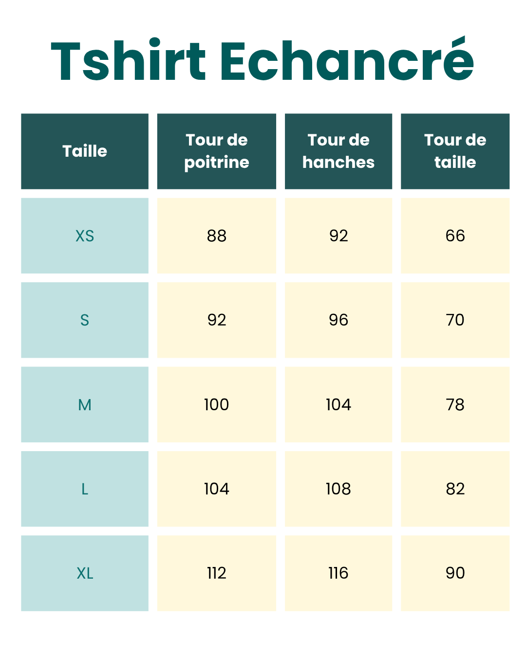 Tableau des tailles de T-shirts avec mesures pour différentes tailles : XS, S, M, L, XL, avec tour de poitrine, de hanches et de tailles en centimètres.