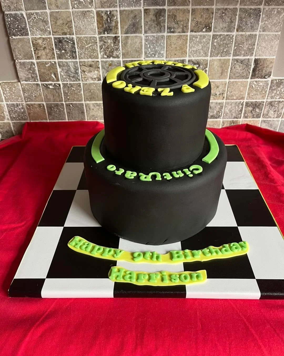 A Pirelli tyre cake made for Harrison&rsquo;s 9th birthday. 

Bottom tier is vanilla and top is chocolate. 

#caketime #tastyfood #bournemouthsmallbusiness #bournemouthbaker #esthersfavouritethings #cakesofinstagram #cake #pirelli #pirellityrecake