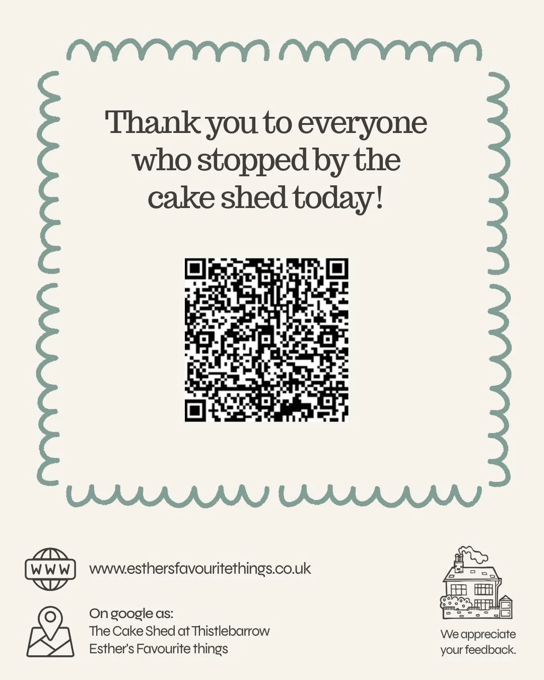 Thank you to everyone who came to the cake shed this weekend. 

We would love it if you could take some time to leave a review on our Google page by scanning the QR code. 

#cakeshed #thistlebarrowroad #cakeshedstthistlebarrow #esthersfavouritethings