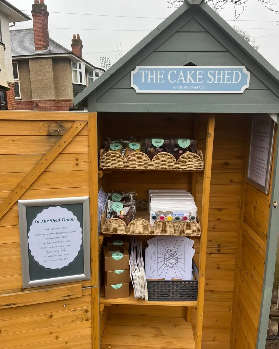 It may be a bit wet but we are still open. 

We now have Blondies and Easter School Cake in the shed, along with Brownies, Stuffed Eggs and Paint Your Own Biscuits.  #cakeshed #thistlebarrowroad #cakeshedstthistlebarrow #esthersfavouritethings #cakes