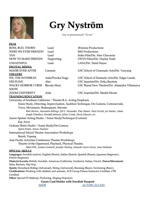 A resume for Gry Nyström listing her skills, experience, education, and contact links.