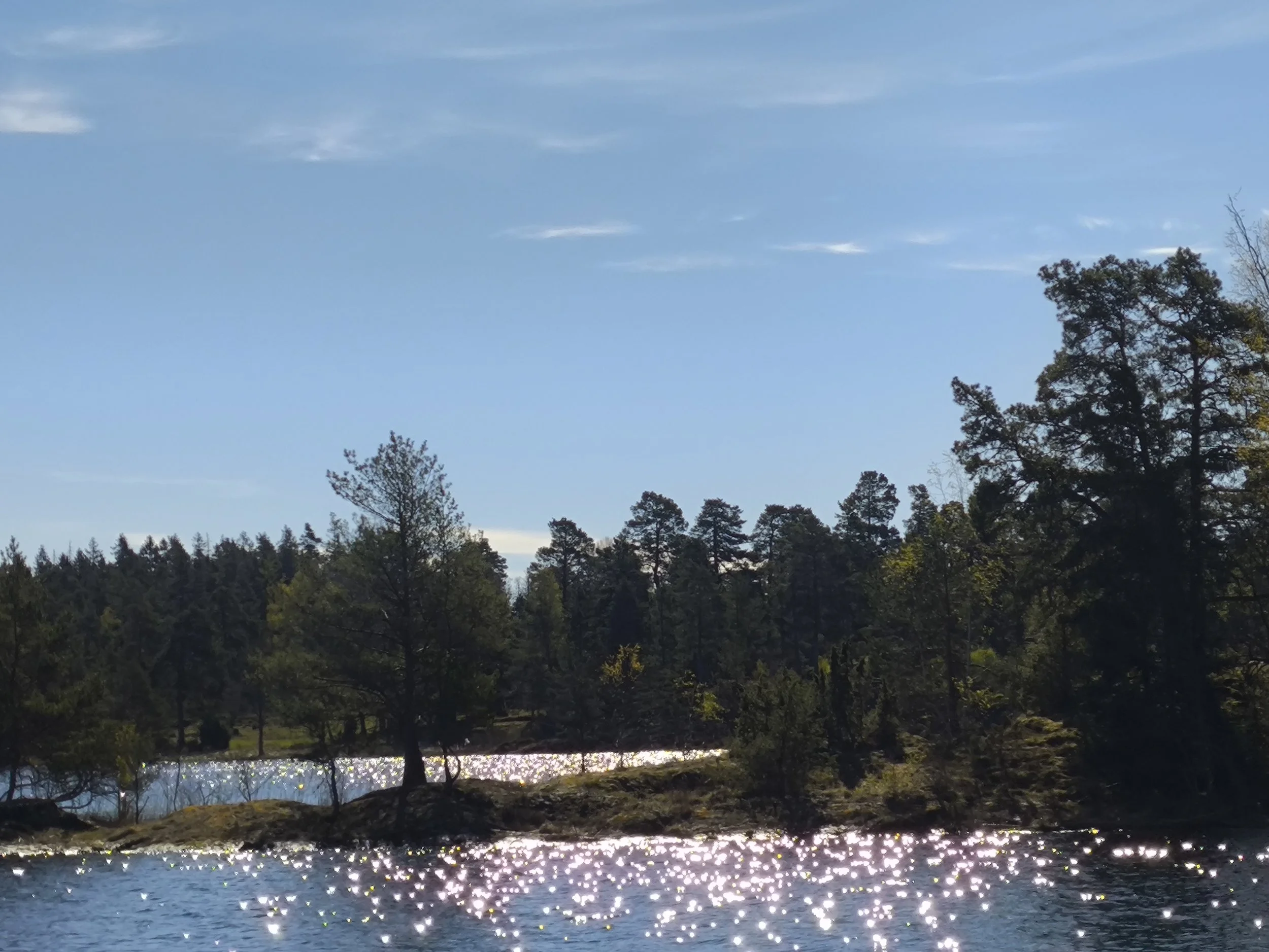 A lakeside scene with trees and a body of water reflecting sunlight, under a blue sky with some clouds. West Cottage Sweden, Åsensbruk