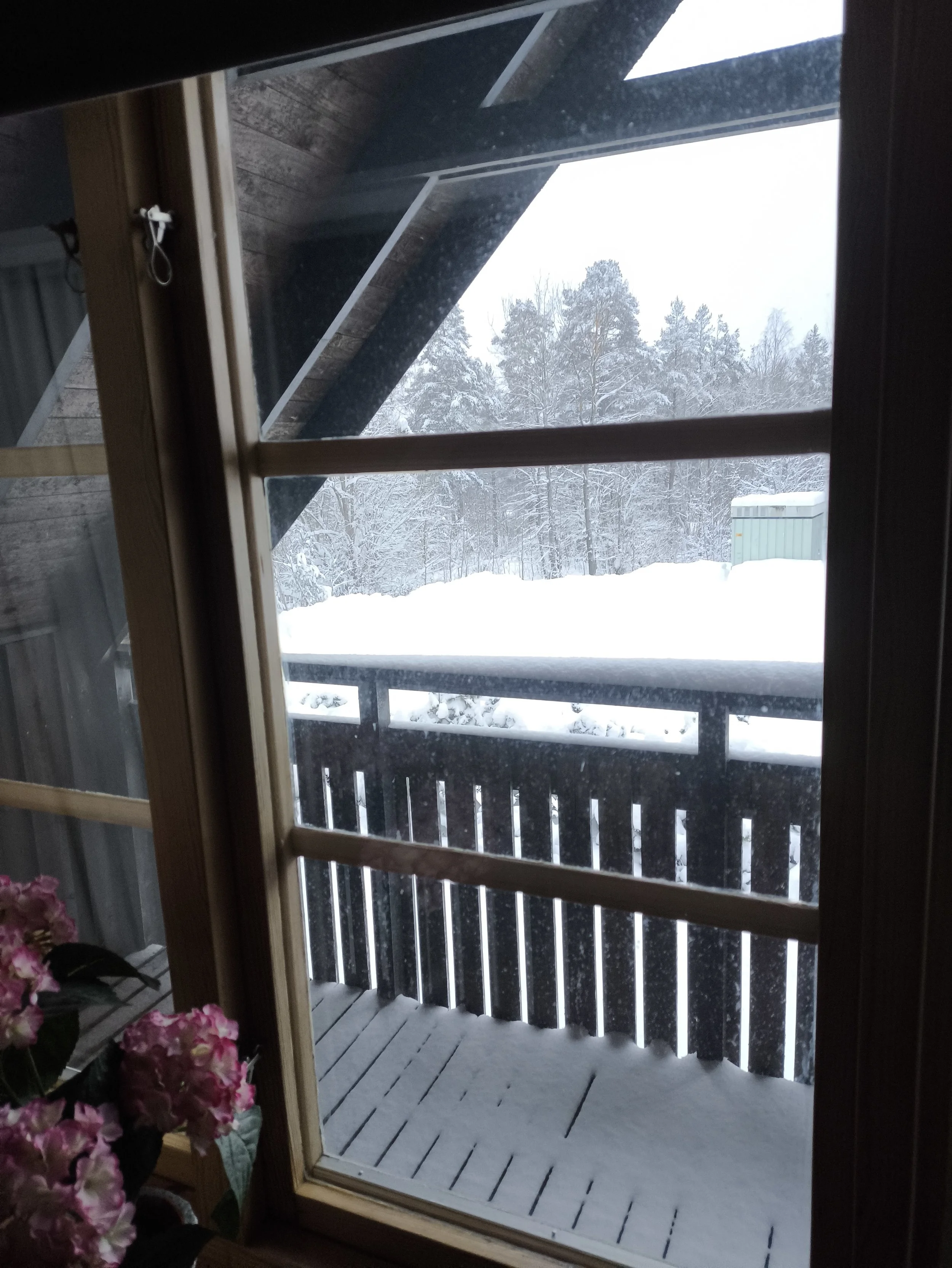 Snow-covered balcony viewed through a window, with snow-laden trees in the background and a small shed outside West Cottage, Åsensbruk
