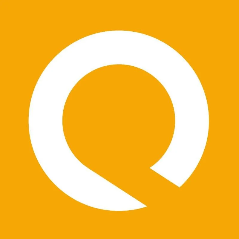 Orange background with a large white Q logo in the center.