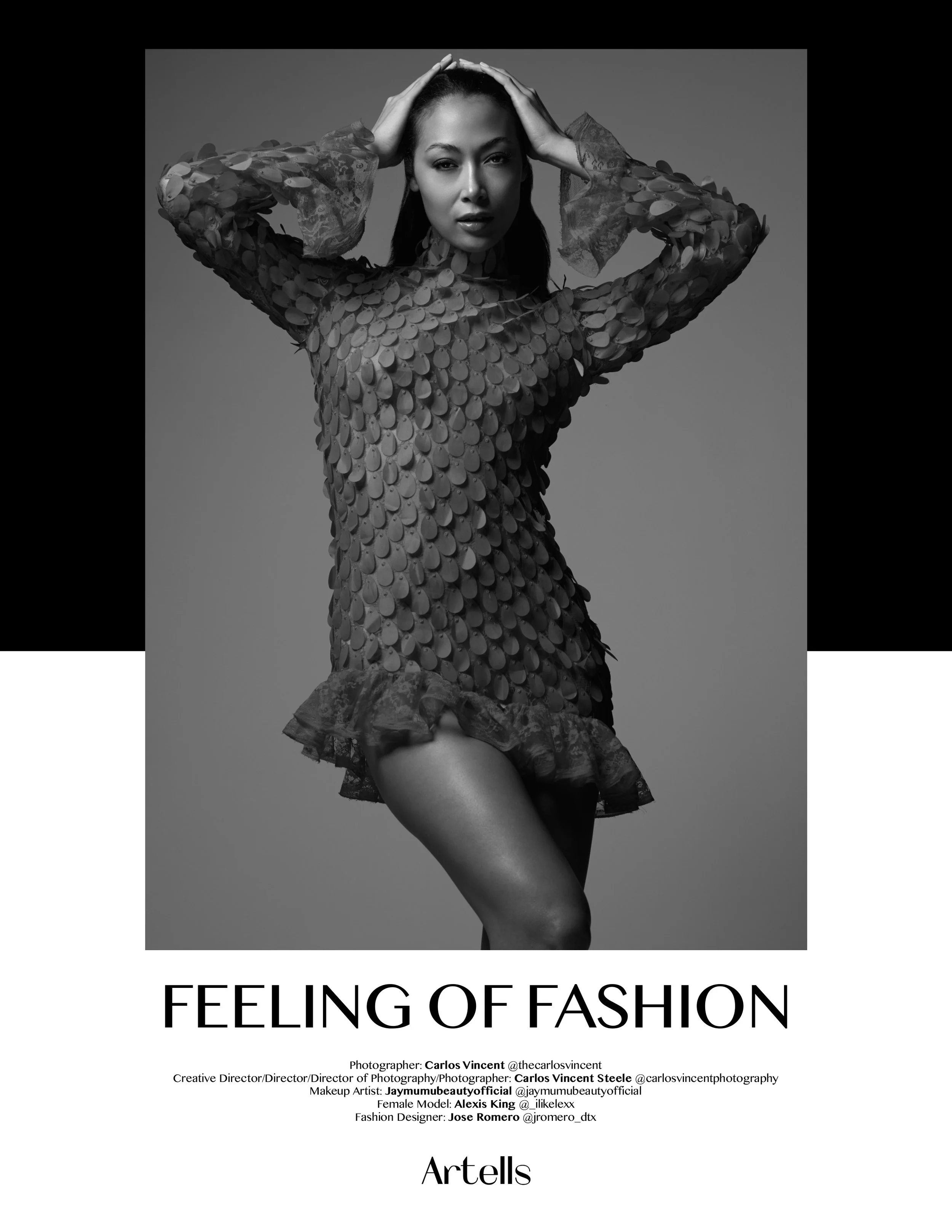 Black and white fashion photograph of a woman with long dark hair wearing a textured, patterned dress with semi-transparent lace at the cuffs and hem, posing with hands on her head and one leg slightly bent.