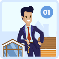 Cartoon real estate agent holding keys beside a small house, with a blue “01” badge.