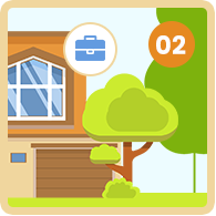 Number 02 beside a house and briefcase symbol.