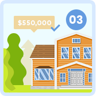 Illustrated house with a $550,000 price label and step number 03.