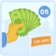 Hand holding cash beside a FOR SALE sign, labeled 05.