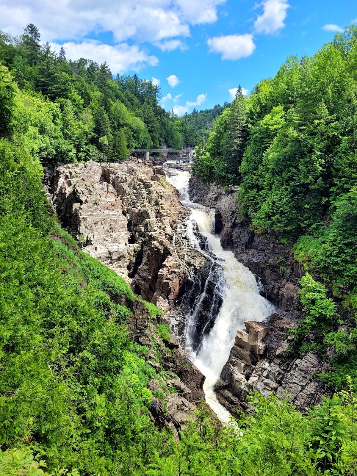 Cascade d'eau traversant une gorge rocheuse entourée de verdure dense, sous un ciel bleu avec quelques nuages.