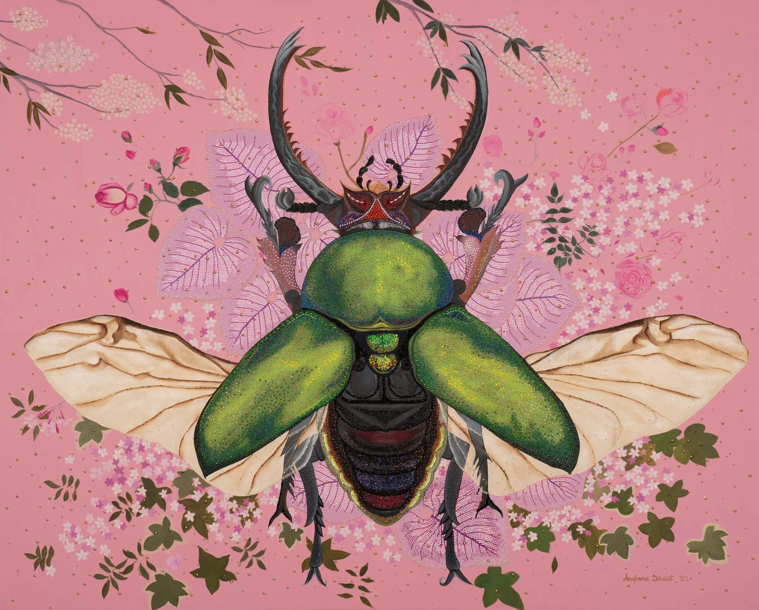 Beetle/Swarm  
122cm h x 152cm w  
Oil on canvas   
Embellished with Swarovski