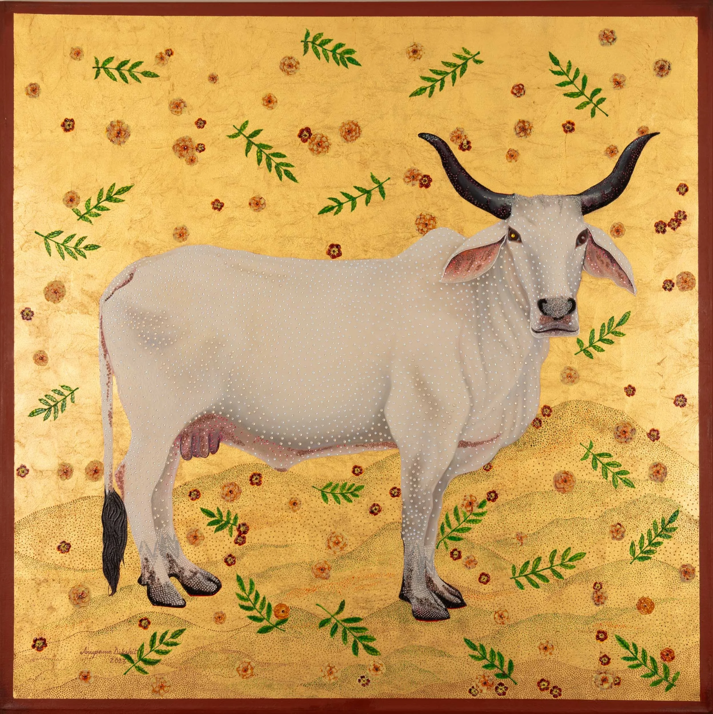 Kamadhenu Vindaloo  
100cm h x 100cm w  
Oil on canvas  
Embellished with Swarovski & 24 karat gold leaf