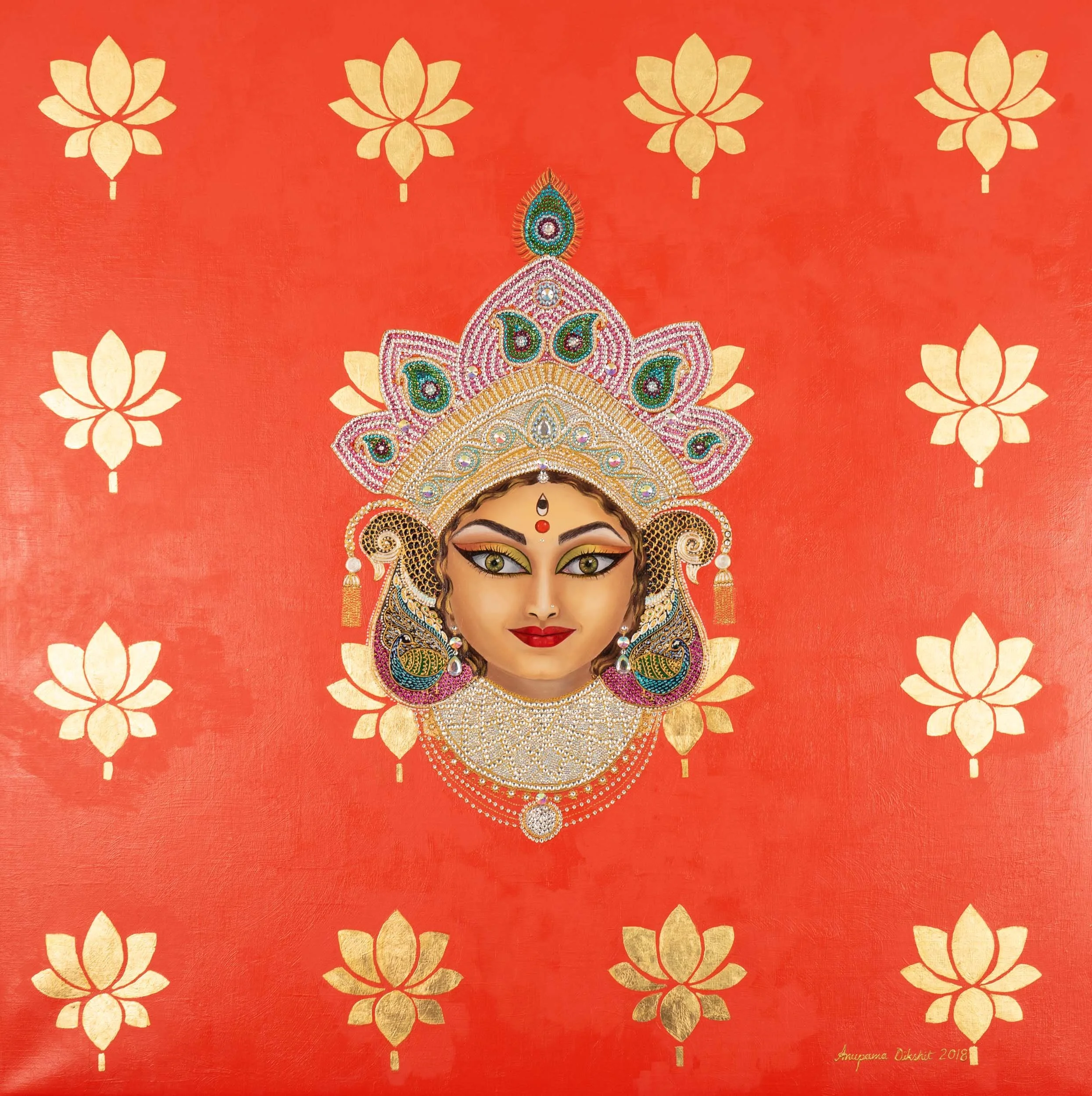 Durga  
100cm h x 100cm w  
Oil on canvas  
Embellished with Swarovski & 24 karat gold leaf