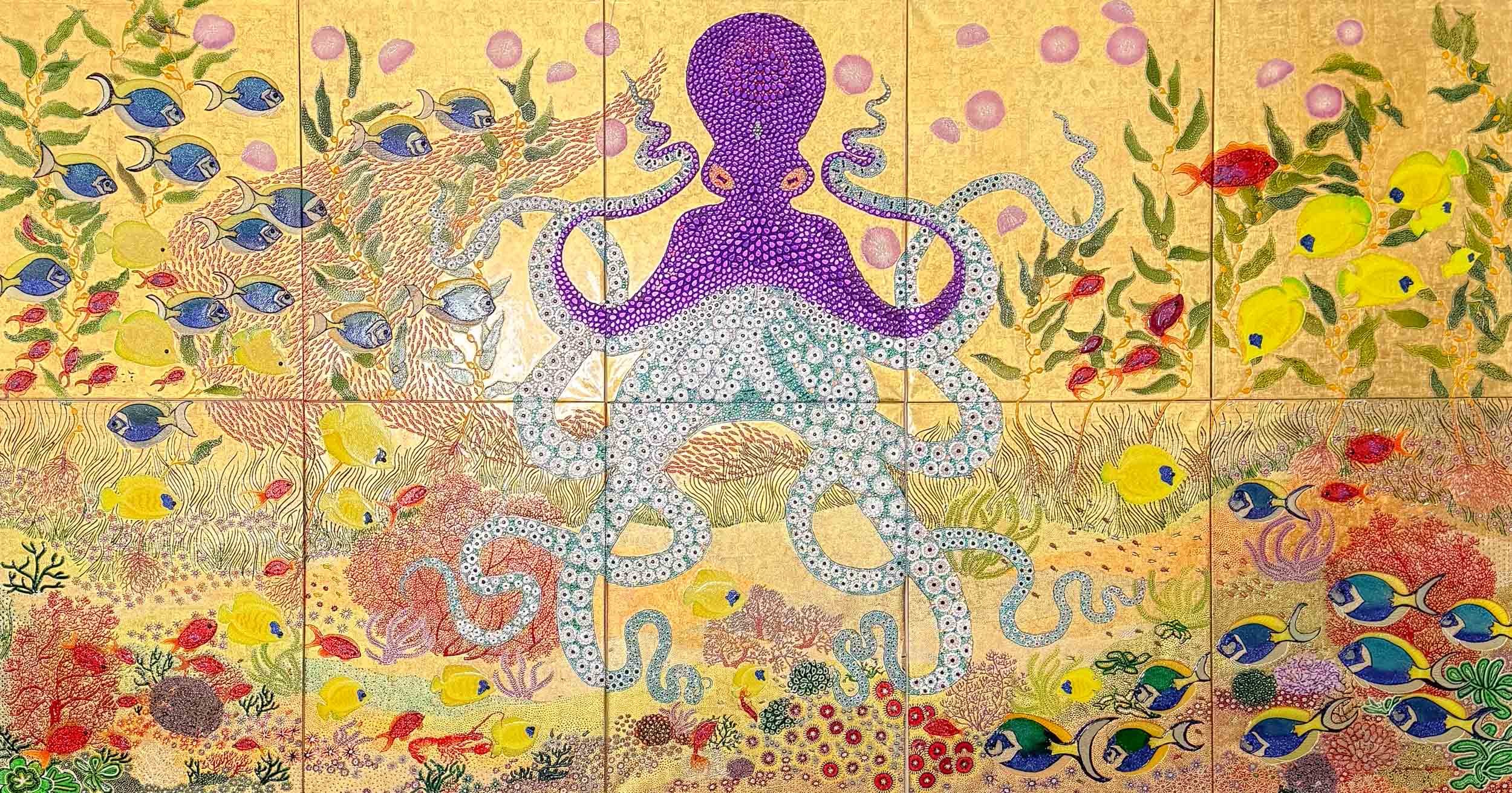 Octopus  
200cm h x 375cm w  
Mixed media on canvas  
Rhinestones, ceramic paint, 24 karat gold leaf