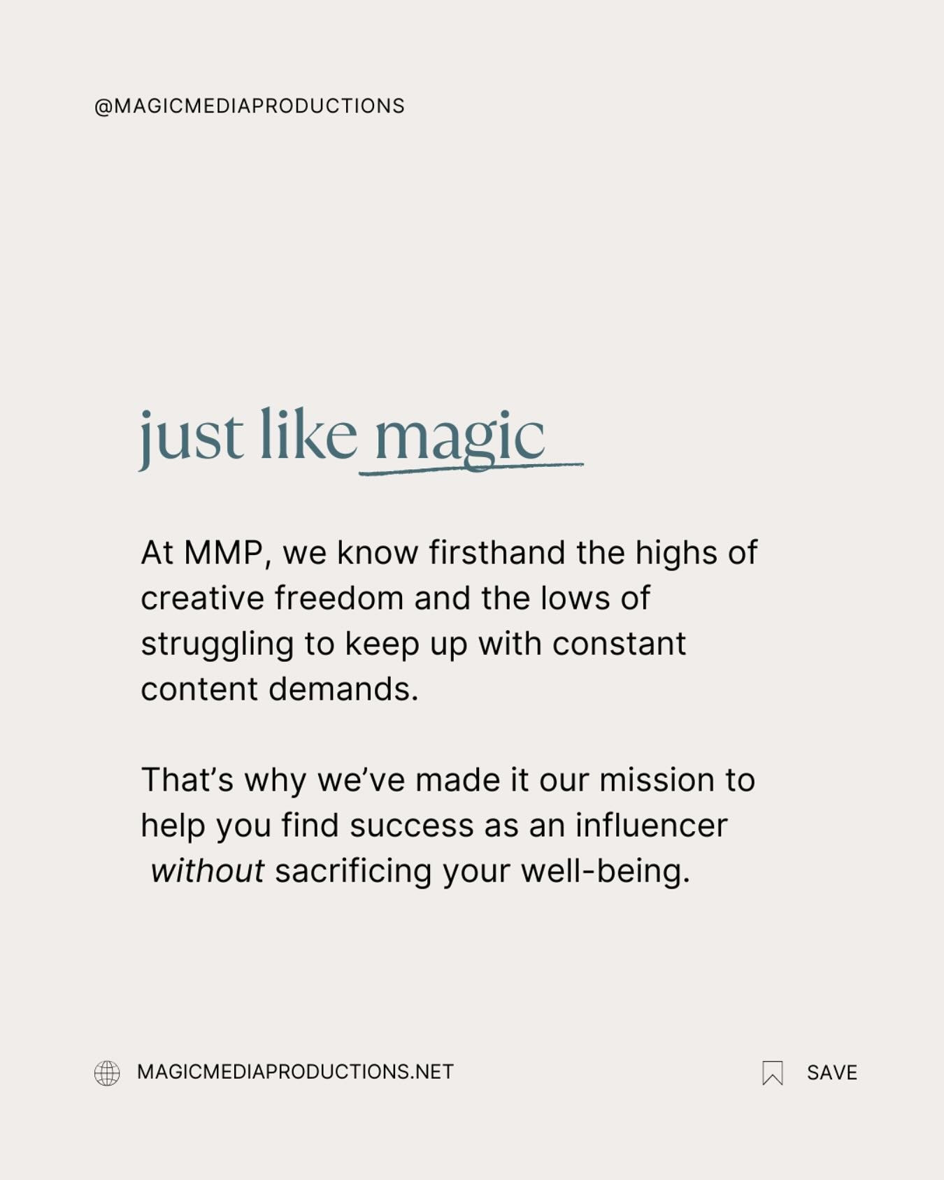 Creative freedom shouldn&rsquo;t come with burnout.
At MMP, we&rsquo;re here to help you show up consistently, confidently, and without sacrificing your sanity. 🪄
Because content creation should feel like magic... not a full-time panic.

#MagicMedia