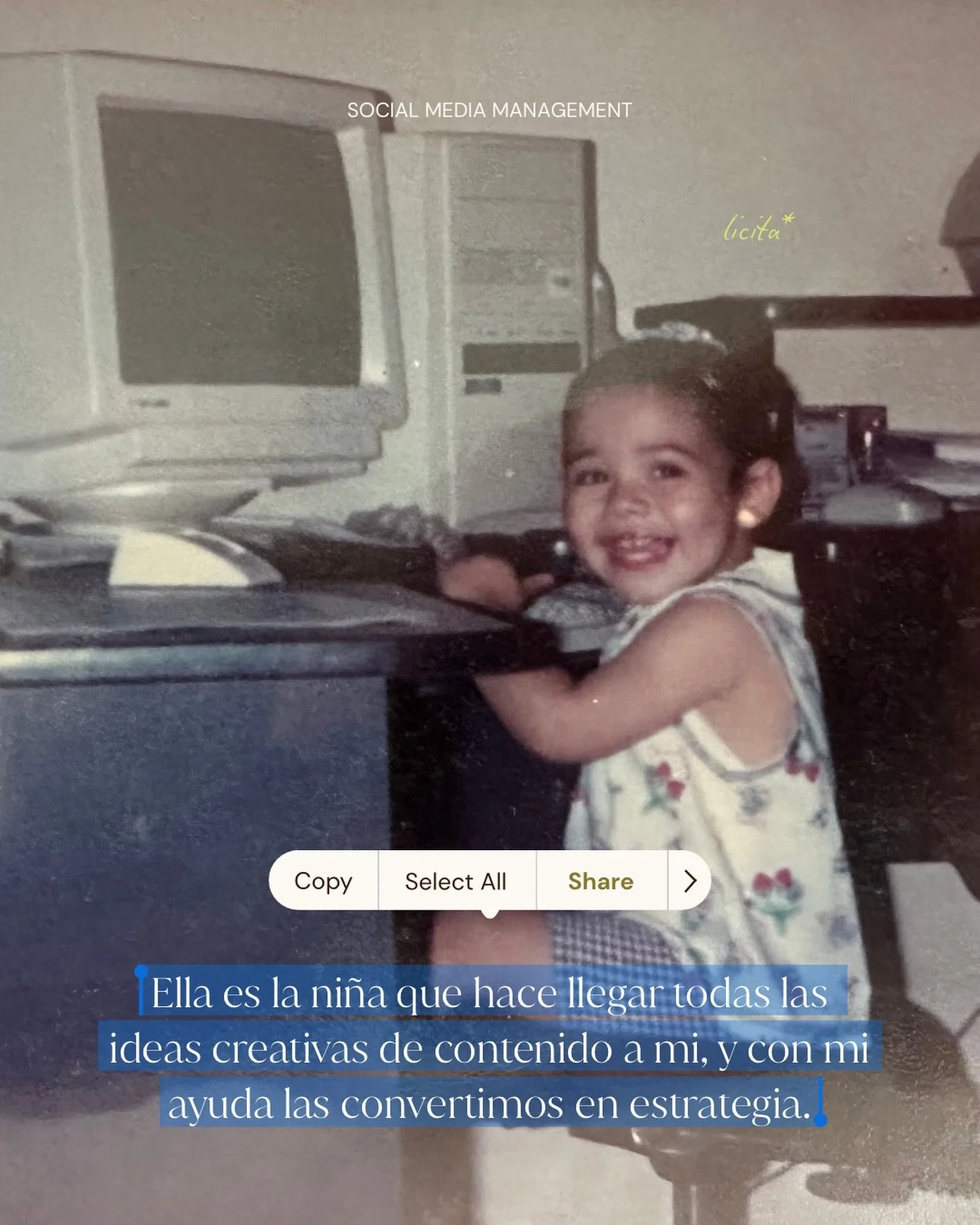 Les presento a la integrante m&aacute;s chiquita de mi equipo, vive dentro de mi, es la ni&ntilde;a m&aacute;s creativa y feliz de vernos crecer y crear todos los d&iacute;as. 🫶🏼 

Feliz d&iacute;a a tu ni&ntilde;a interior, la que se atreve, es fe
