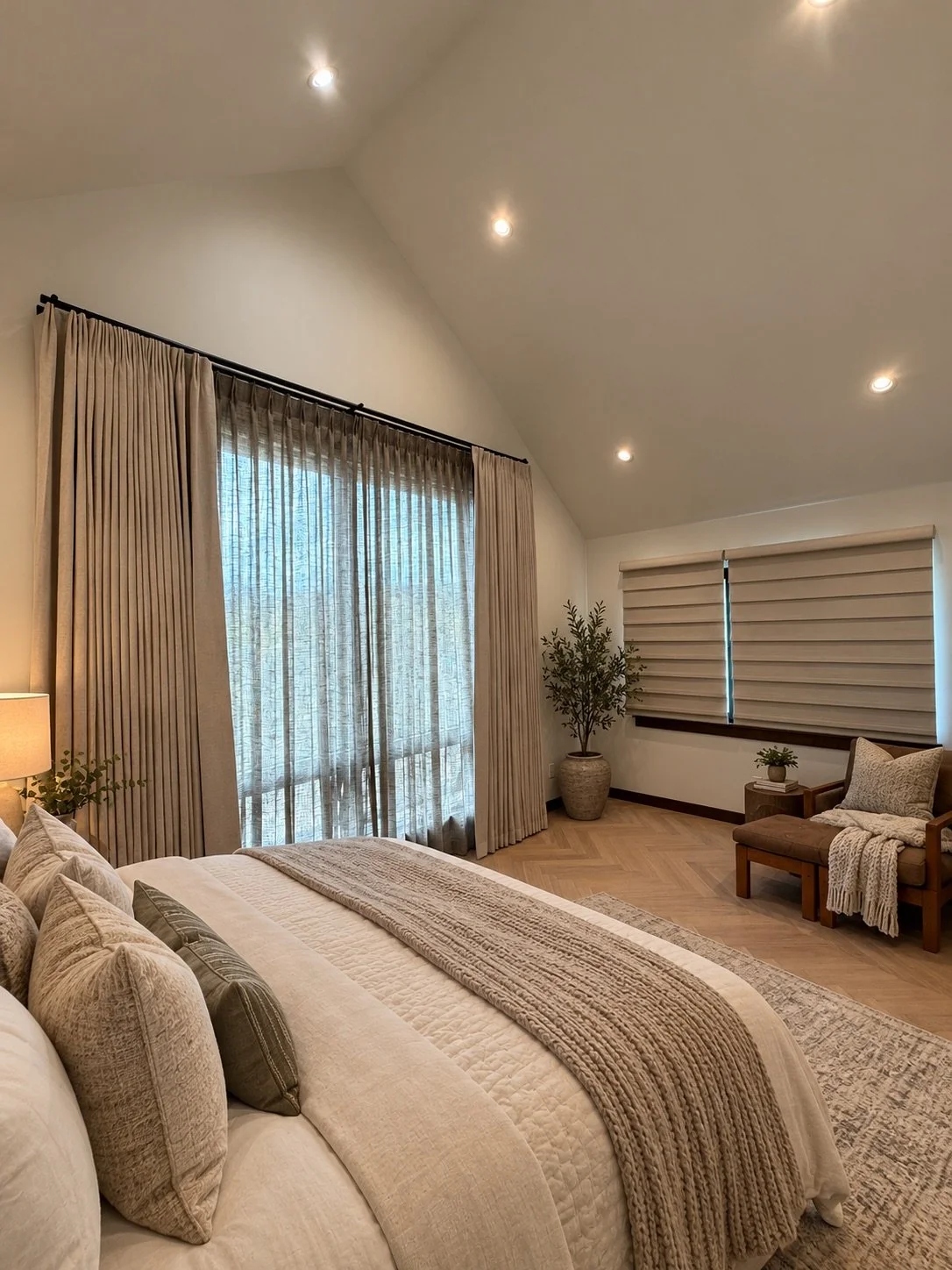 Double Rod with Sheer and Blackout Drapes plus Fabric Roman Shades