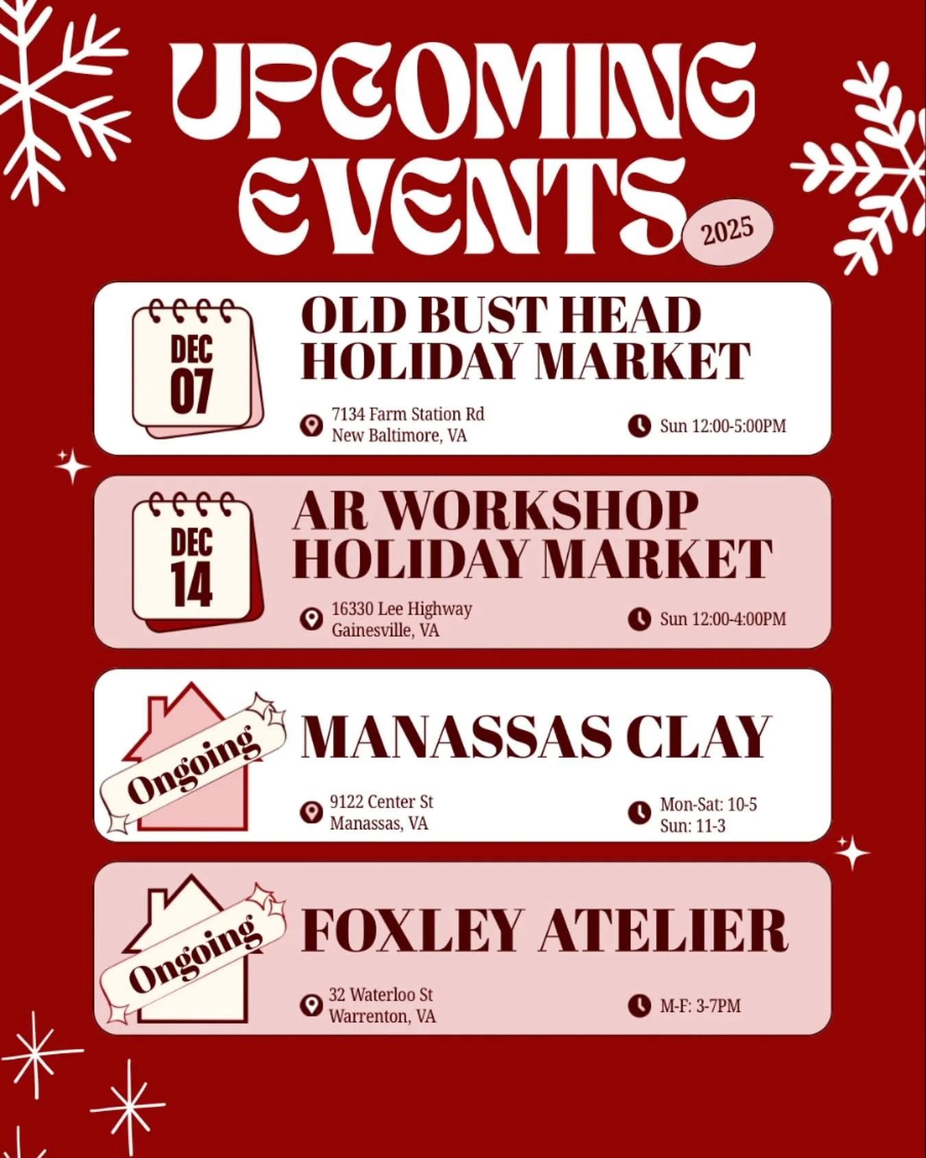 Upcoming dates! Two holiday markets and two locations. I have fresh new designs I&rsquo;ve been working on and can&rsquo;t wait to share with you❄️✨🎄